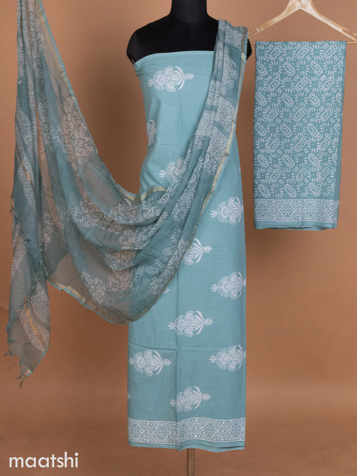 Pastel Blue Shade and Off White Mulmul Cotton Dress Material With Butta Prints and Bottom & Kota Printed Dupatta