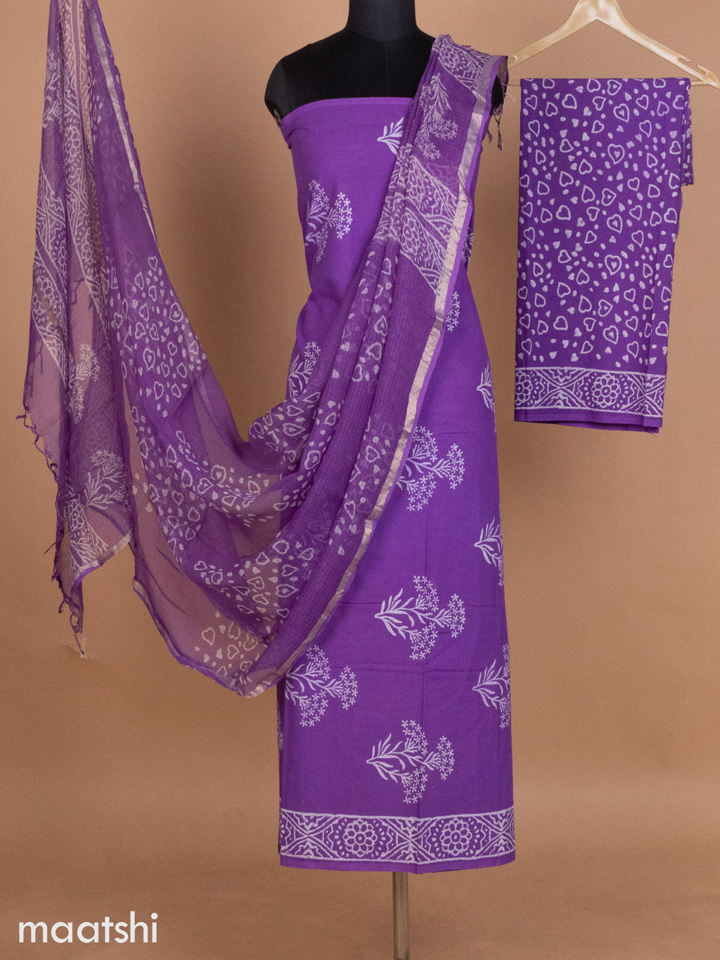 Lavender Mulmul Cotton Dress Material With Allover Floral Prints and Bottom & Kota Printed Dupatta