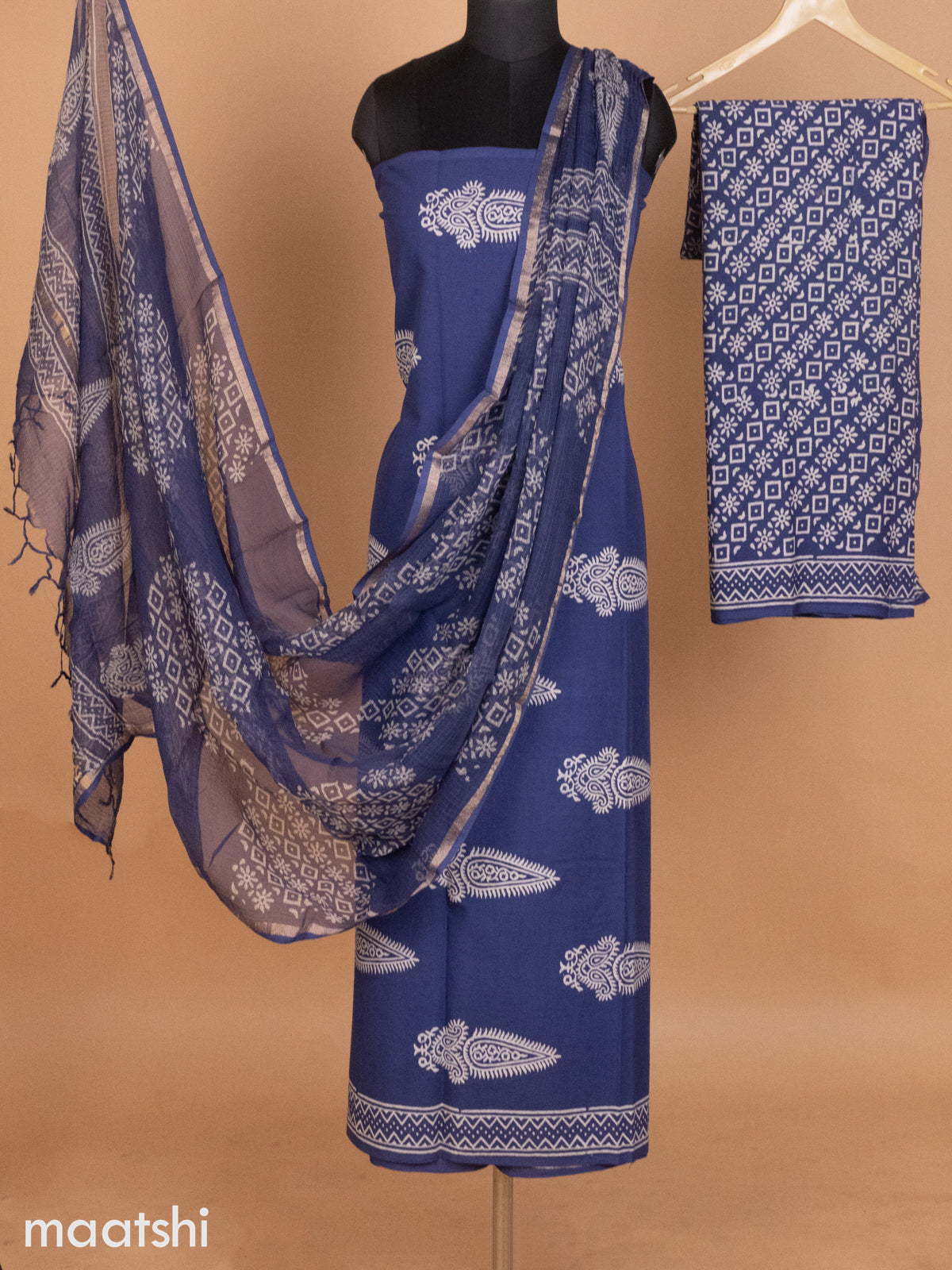 Navy Blue Mulmul Cotton Dress Material With Butta Prints and Bottom & Kota Printed Dupatta