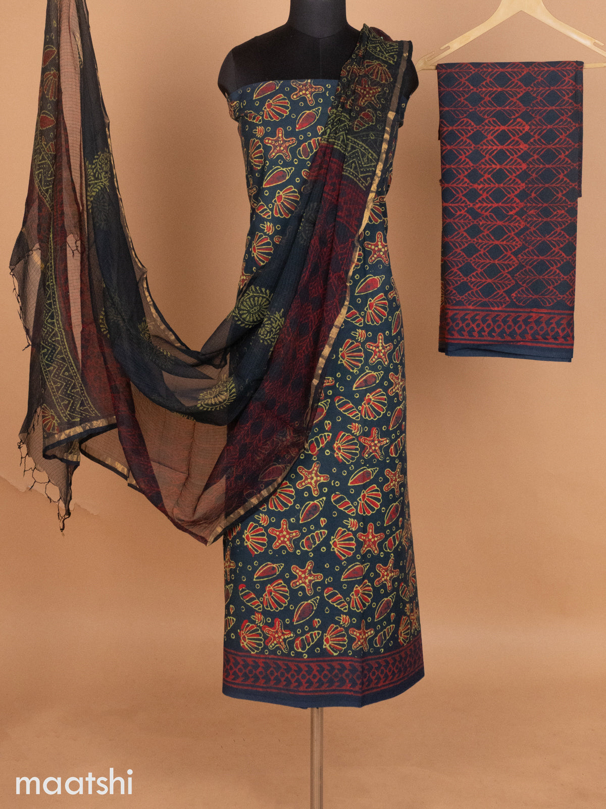 Green and Red Mulmul Cotton Dress Material With Allover Prints and Bottom & Kota Printed Dupatta