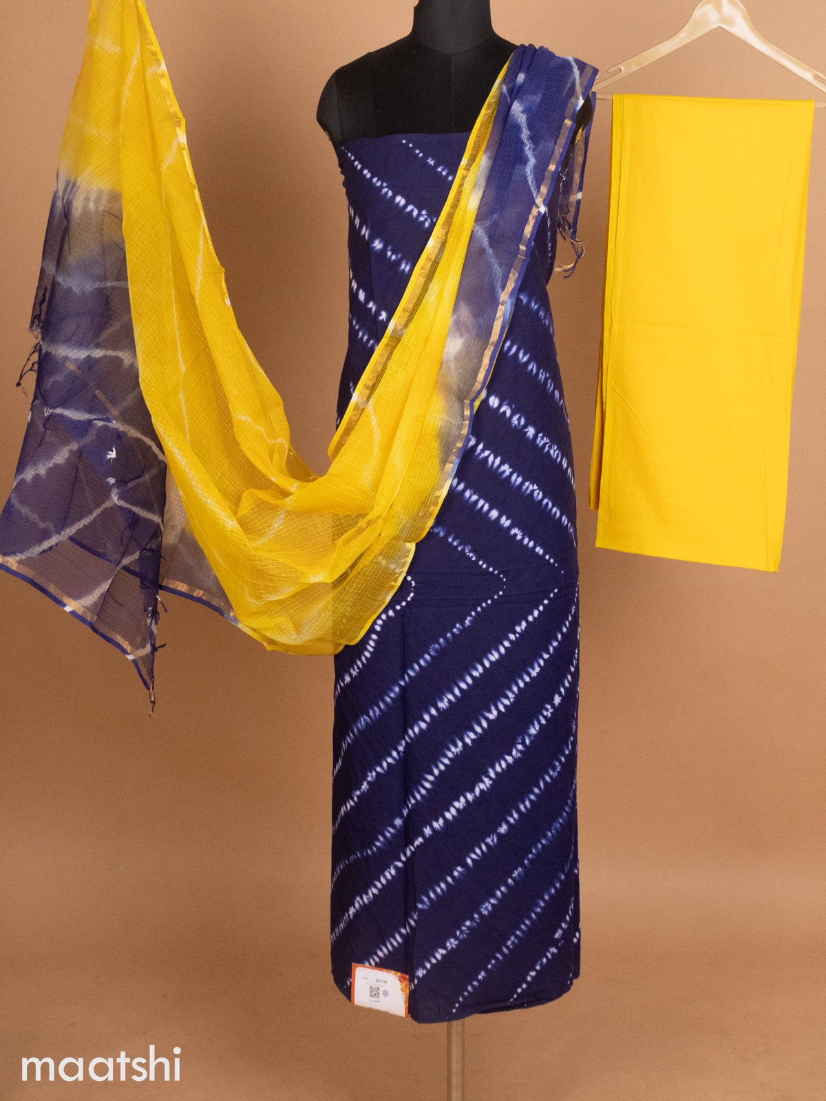 Navy Blue and Yellow Mulmul Cotton Dress Material With Allover Shibori Prints and Bottom & Kota Printed Dupatta