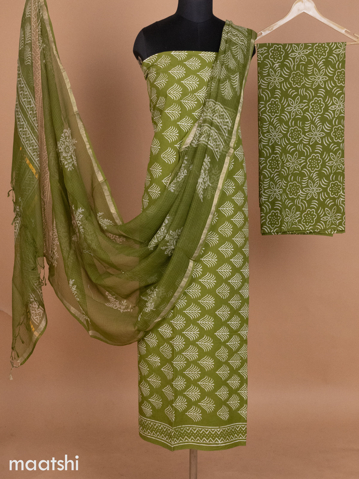 Mehendi Green Mulmul Cotton Dress Material With Allover Butta Prints and Bottom & Kota Printed Dupatta