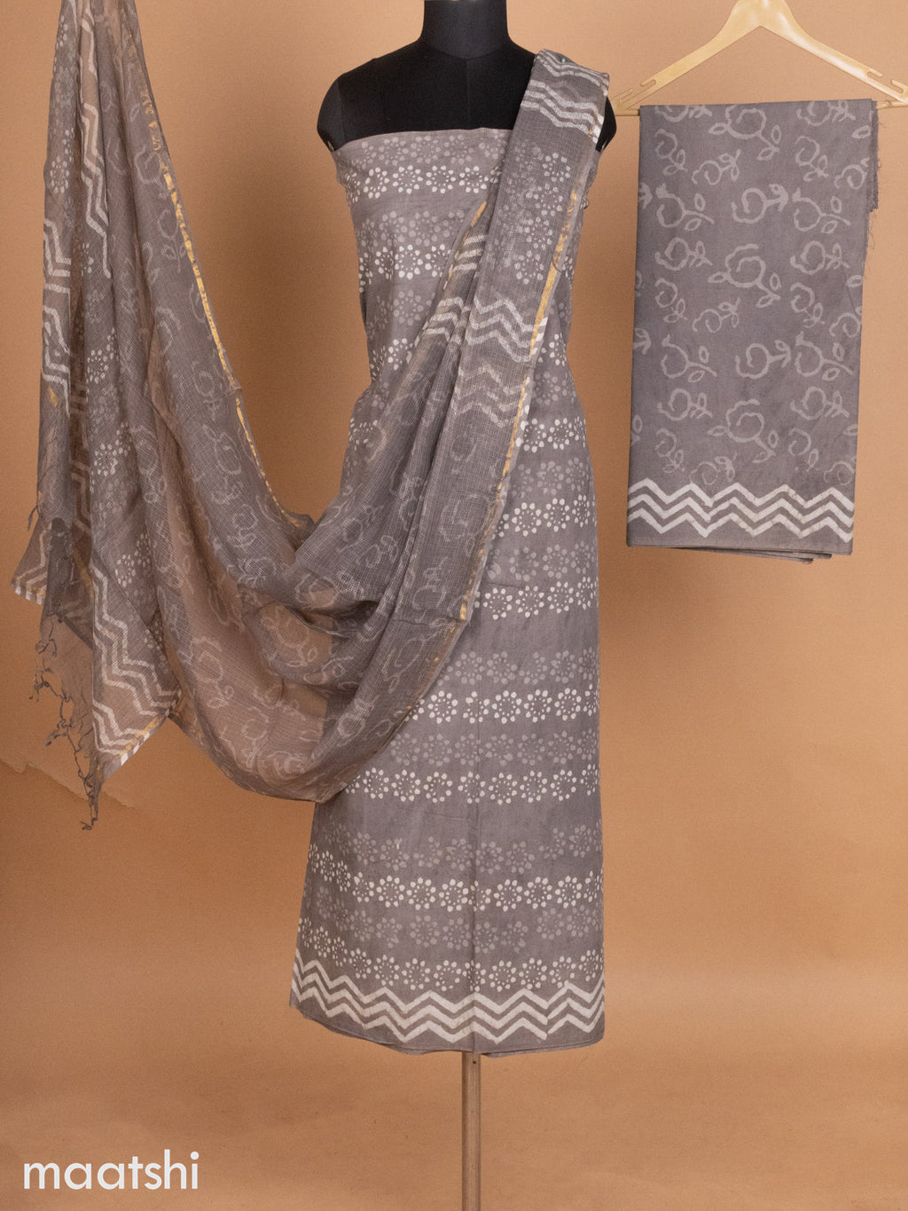 Grey Shade Mulmul Cotton Dress Material With Allover Batik Prints and Bottom & Kota Printed Dupatta