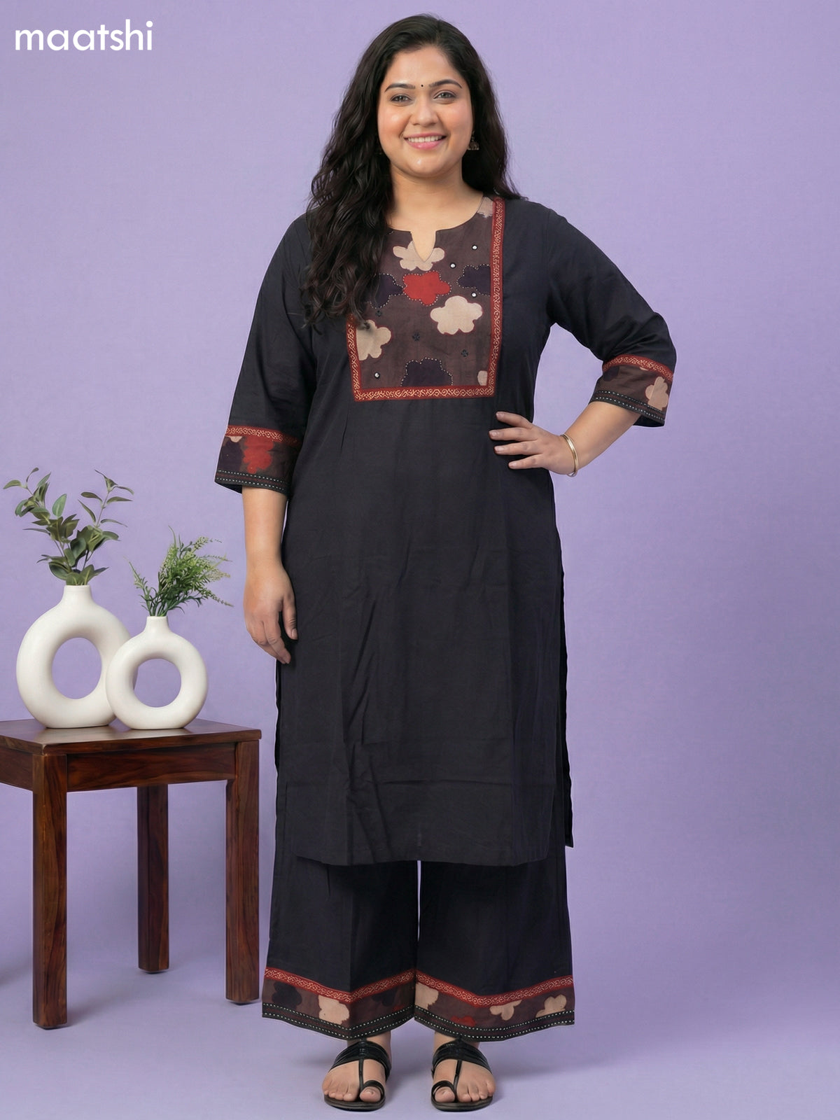 Black and Brown Cotton Patch Work Kurti Set