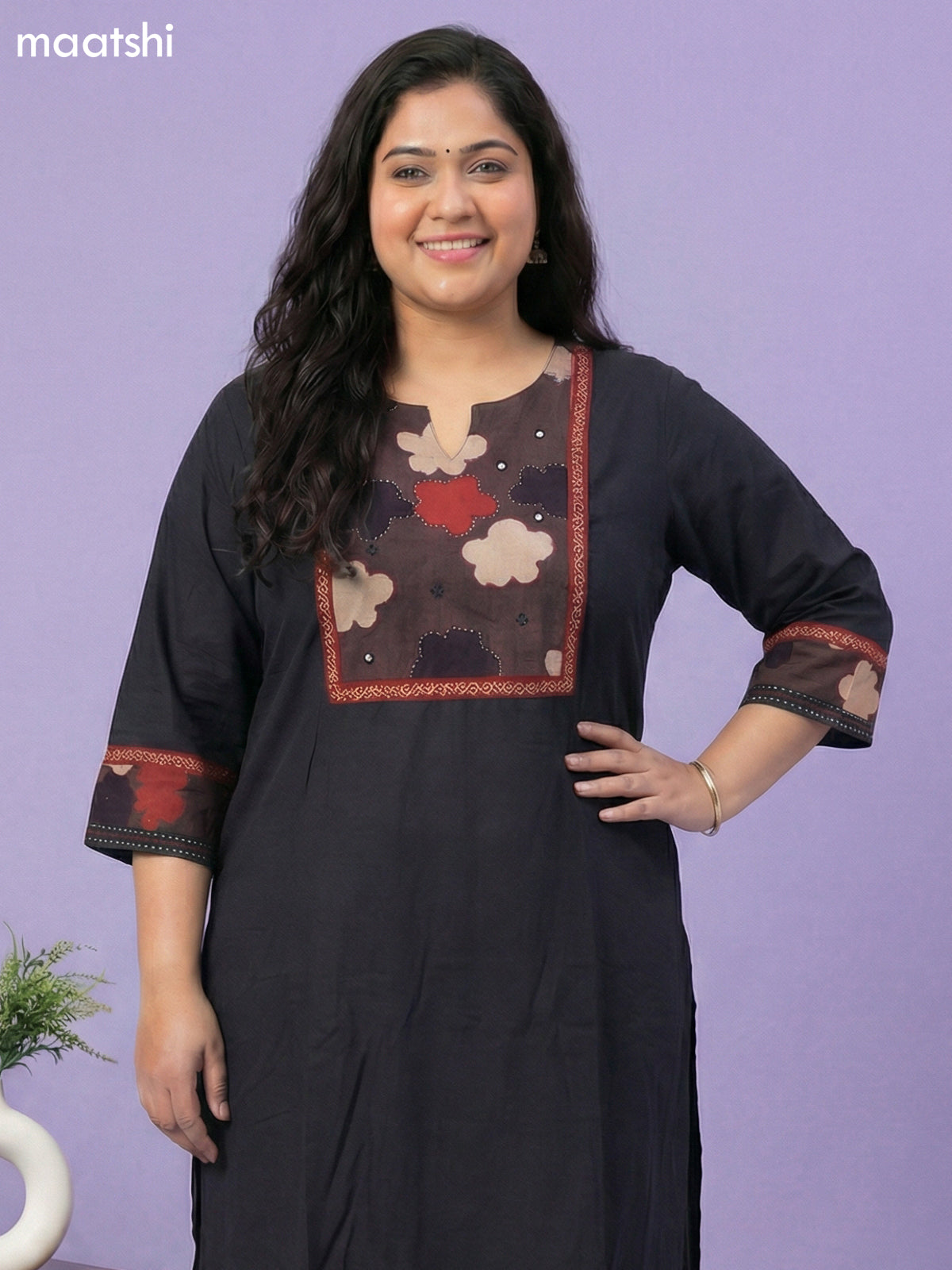 Black and Brown Cotton Patch Work Kurti Set