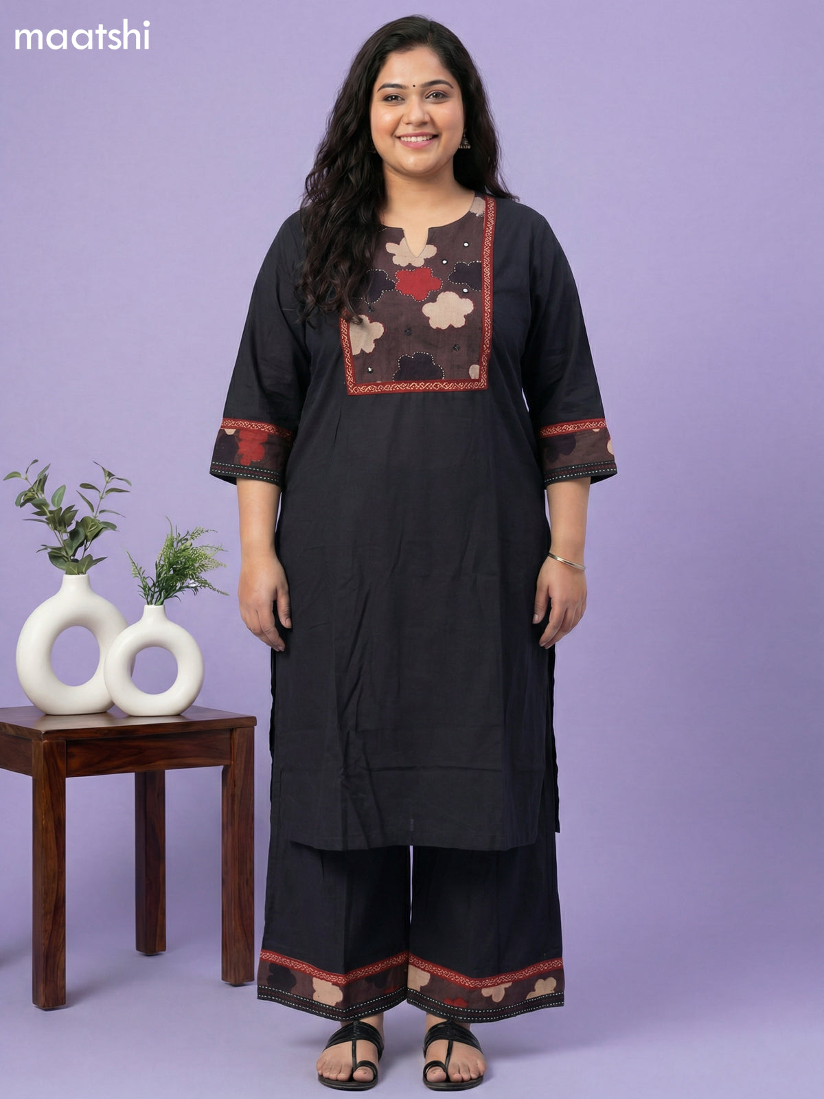 Black and Brown Cotton Patch Work Kurti Set