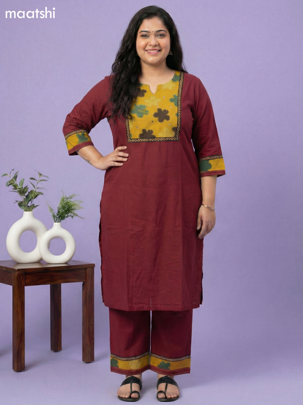 Maroon and Mustard Cotton Patch Work Kurti Set