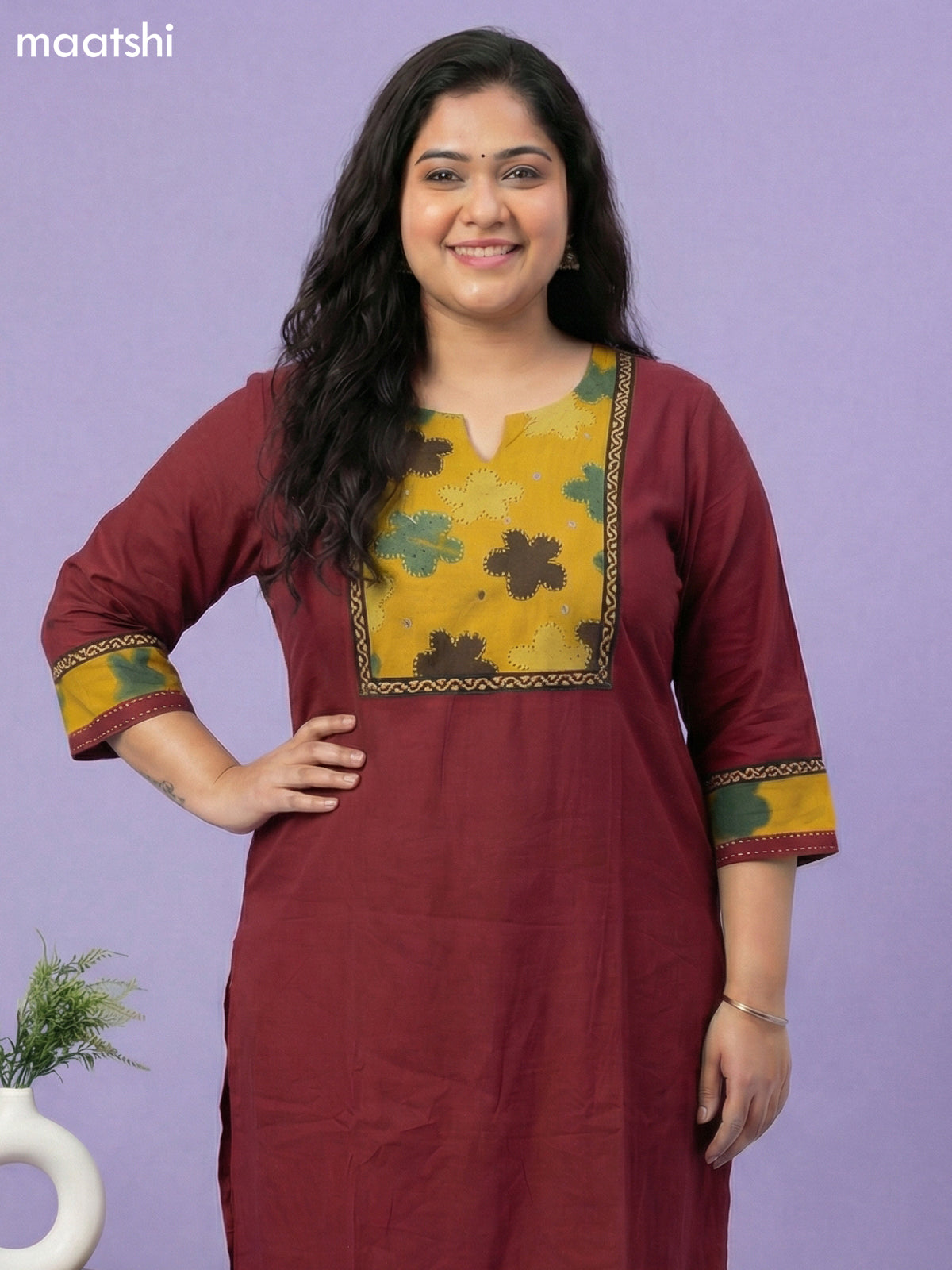 Maroon and Mustard Cotton Patch Work Kurti Set