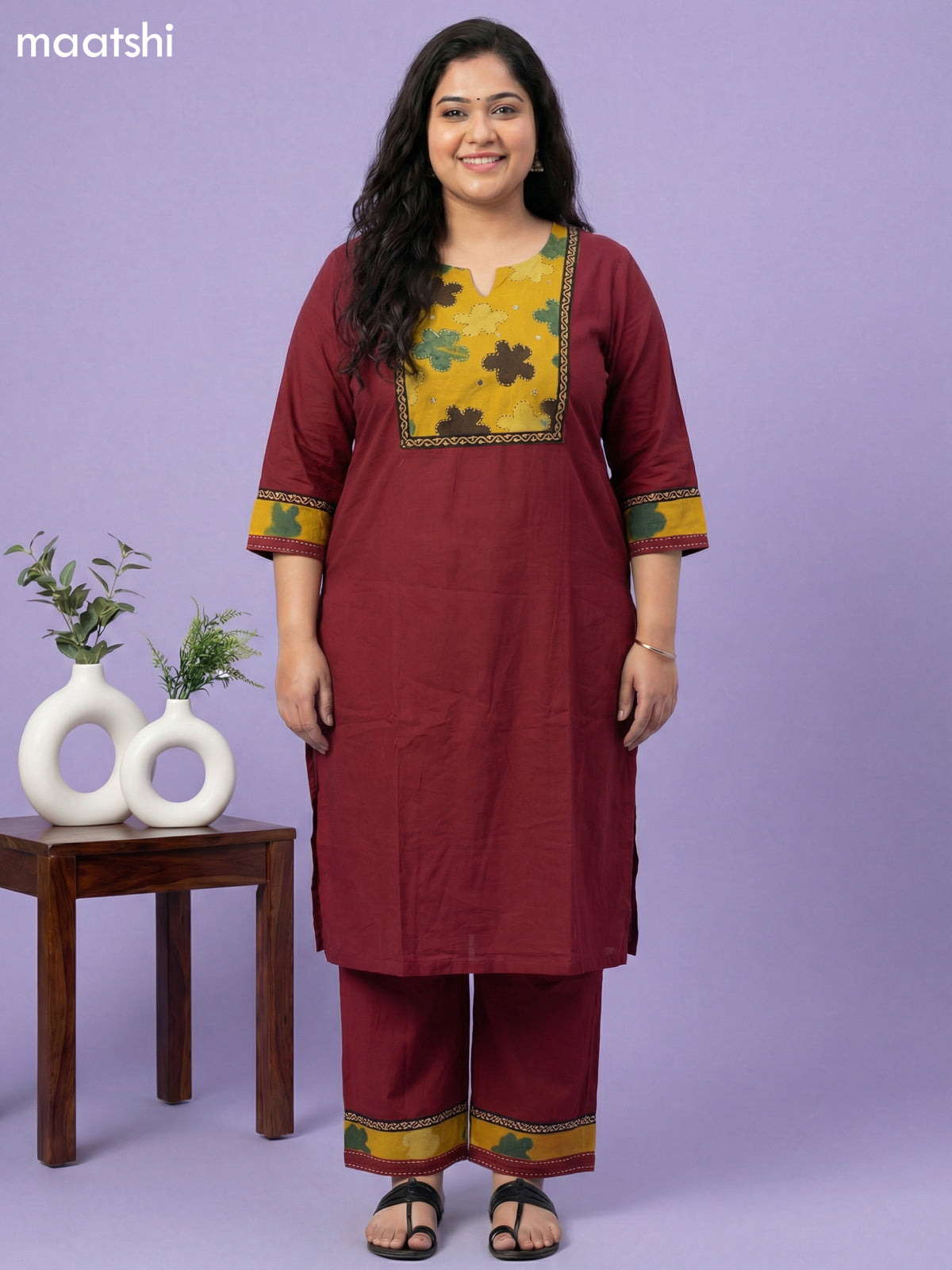 Maroon and Mustard Cotton Patch Work Kurti Set