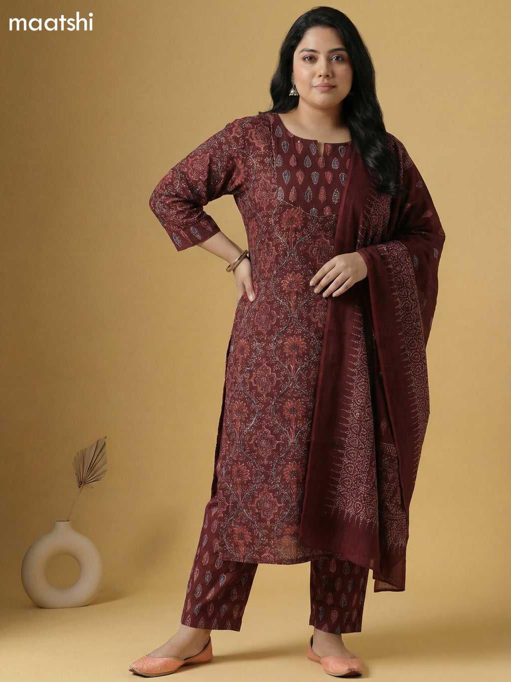 Brown Cotton Printed Straight Suit