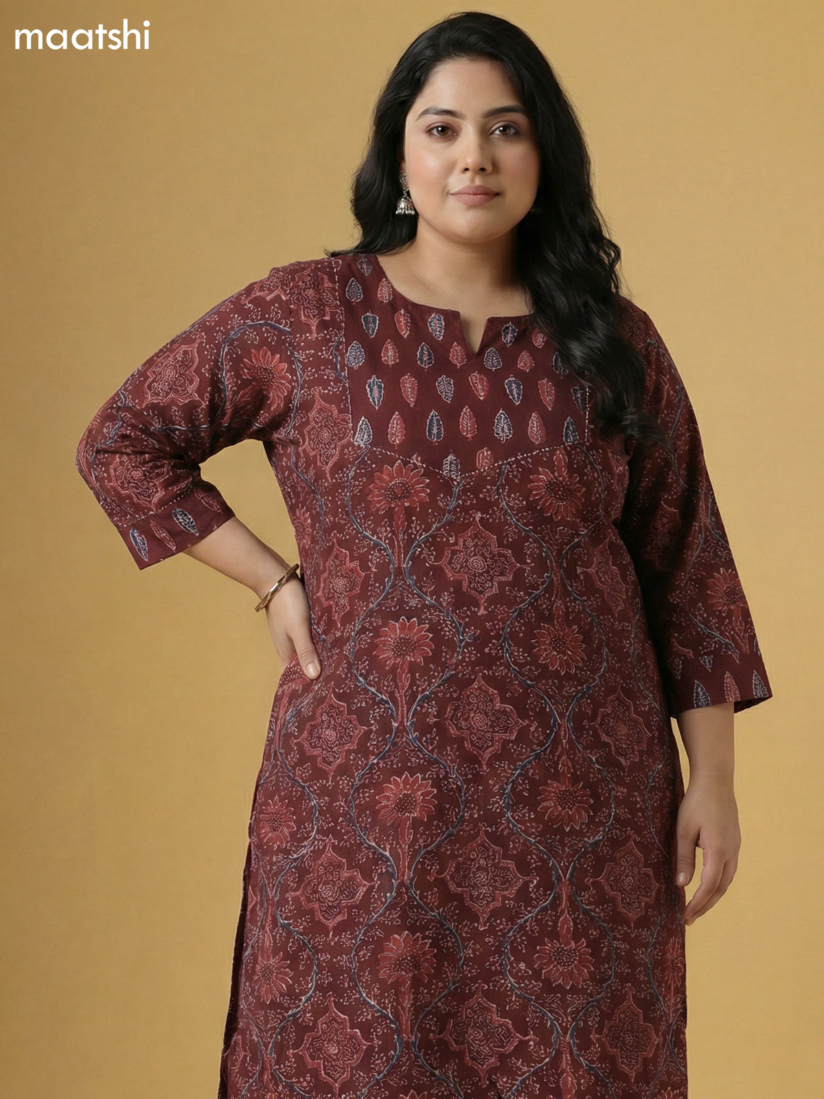 Brown Cotton Printed Straight Suit