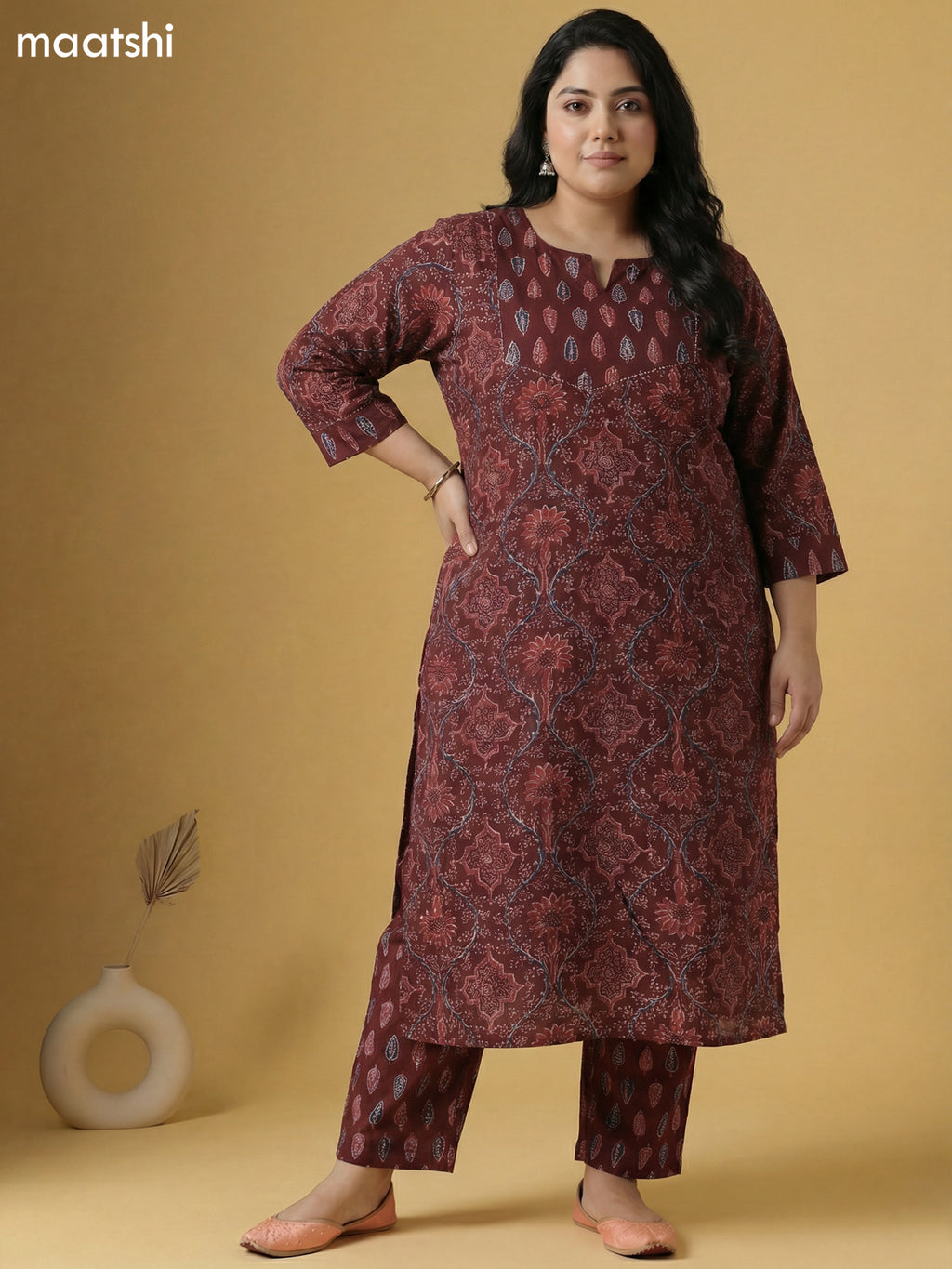 Brown Cotton Printed Straight Suit