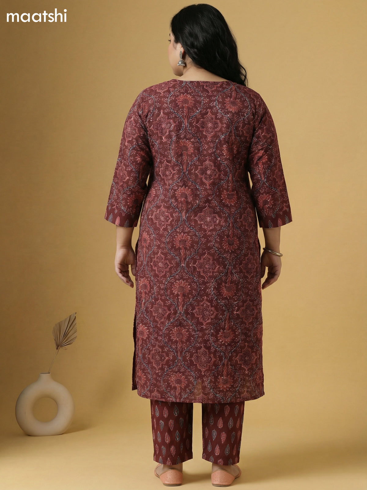 Brown Cotton Printed Straight Suit