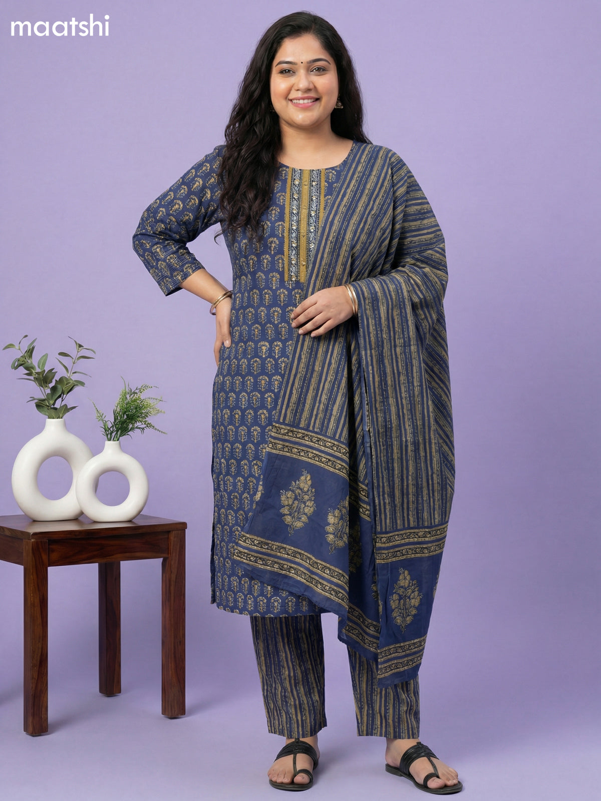 Blue Cotton Printed Straight Suit