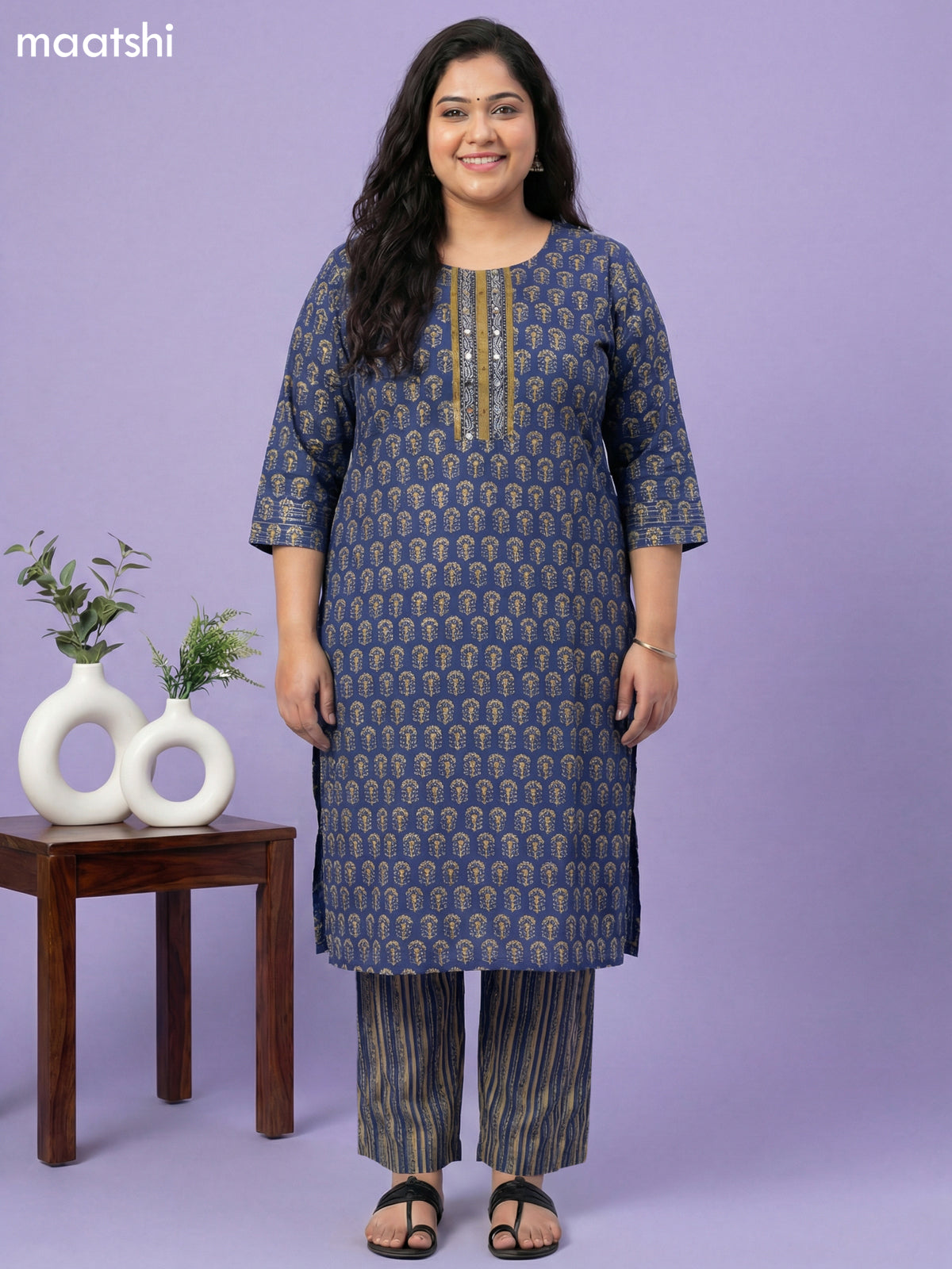 Blue Cotton Printed Straight Suit