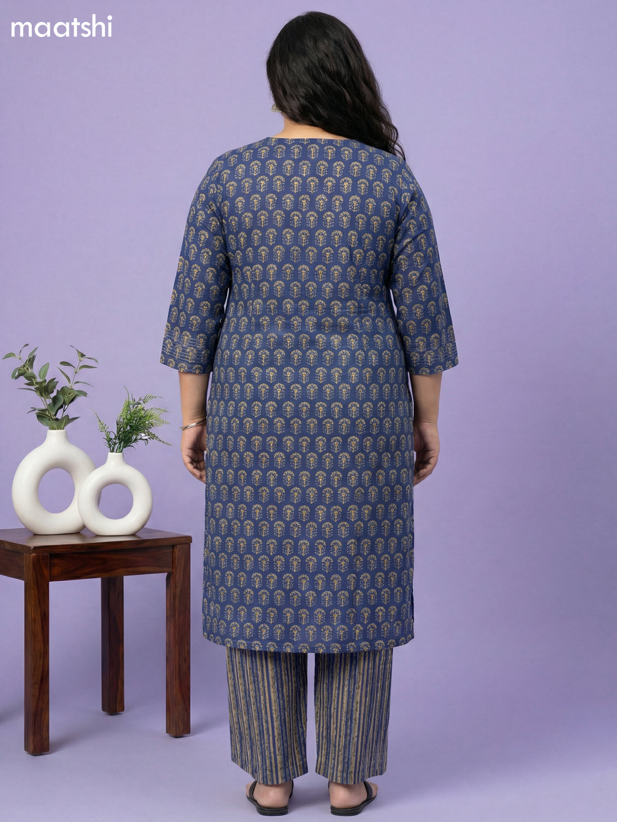 Blue Cotton Printed Straight Suit