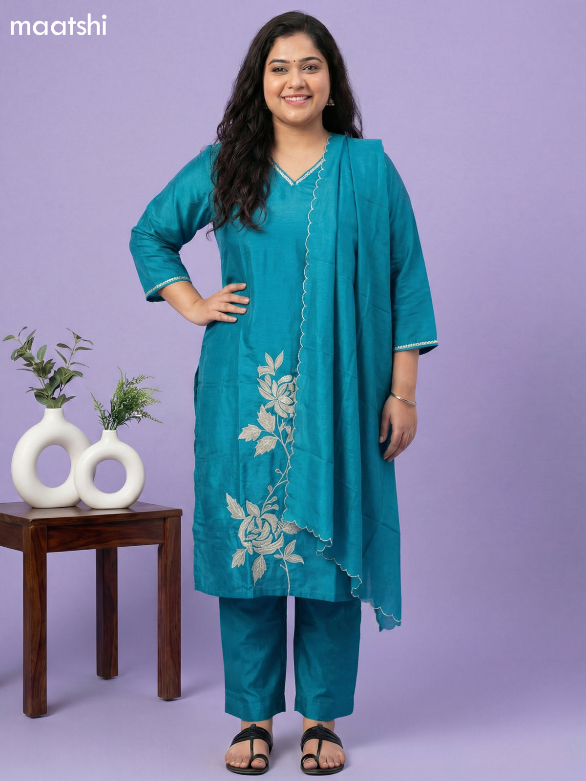 Teal Blue Mul Chanderi Patch Embroidery Work Straight Suit