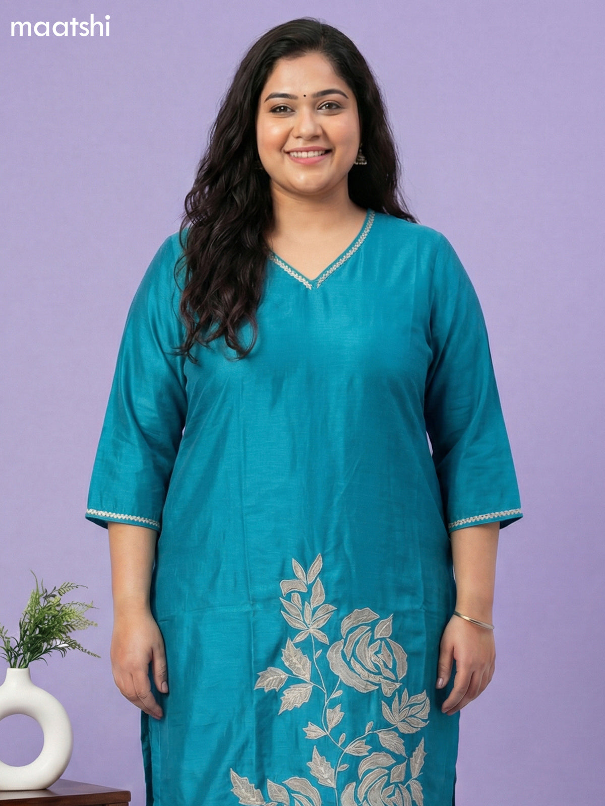 Teal Blue Mul Chanderi Patch Embroidery Work Straight Suit