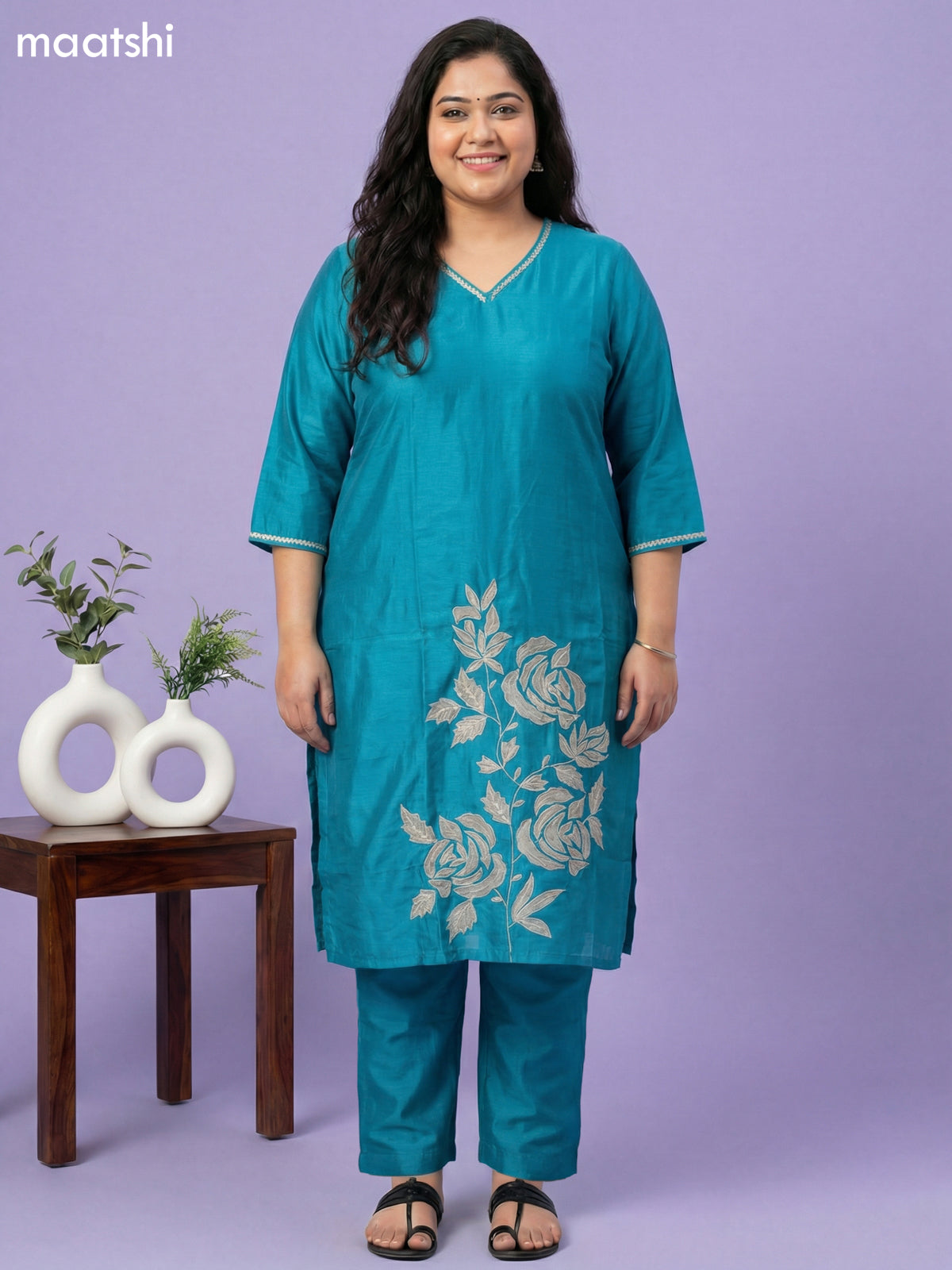 Teal Blue Mul Chanderi Patch Embroidery Work Straight Suit