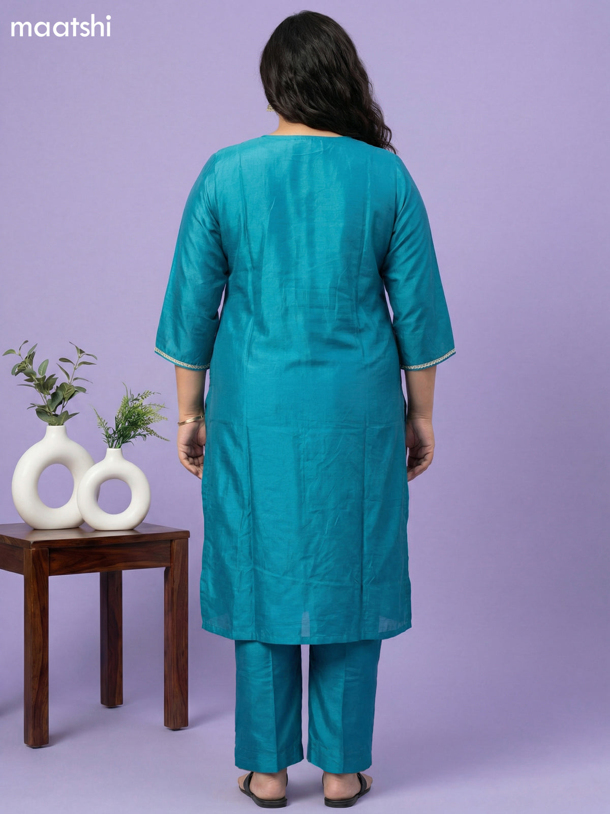 Teal Blue Mul Chanderi Patch Embroidery Work Straight Suit