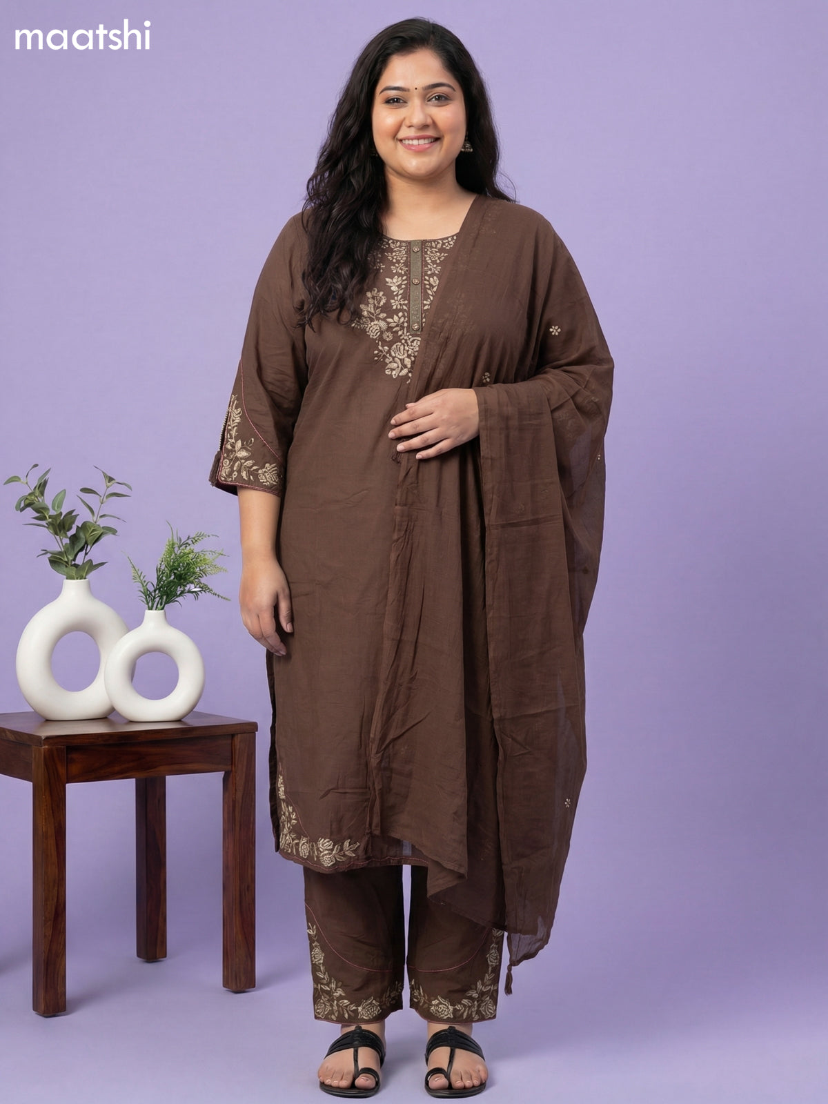 Brown Cotton Embroidery Work Straight Suit