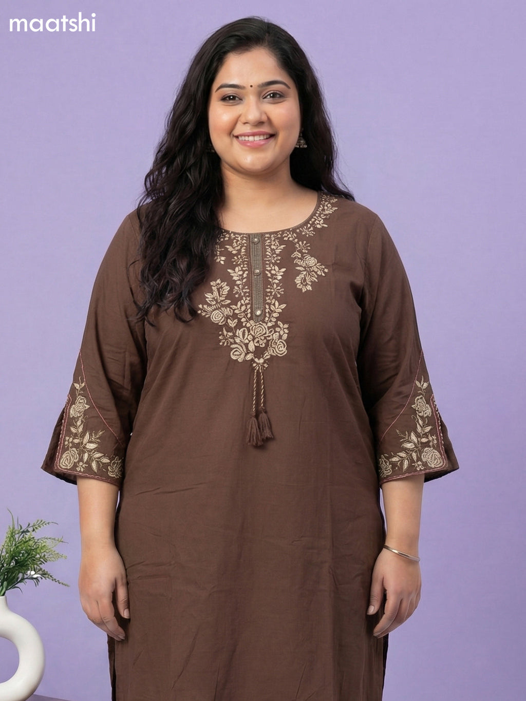 Brown Cotton Embroidery Work Straight Suit