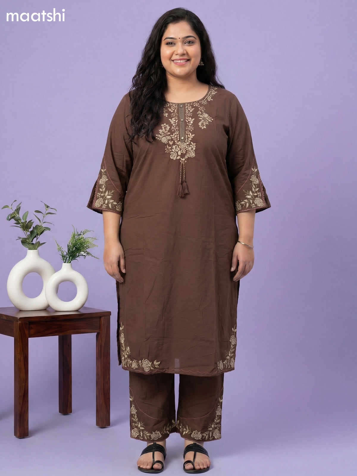Brown Cotton Embroidery Work Straight Suit