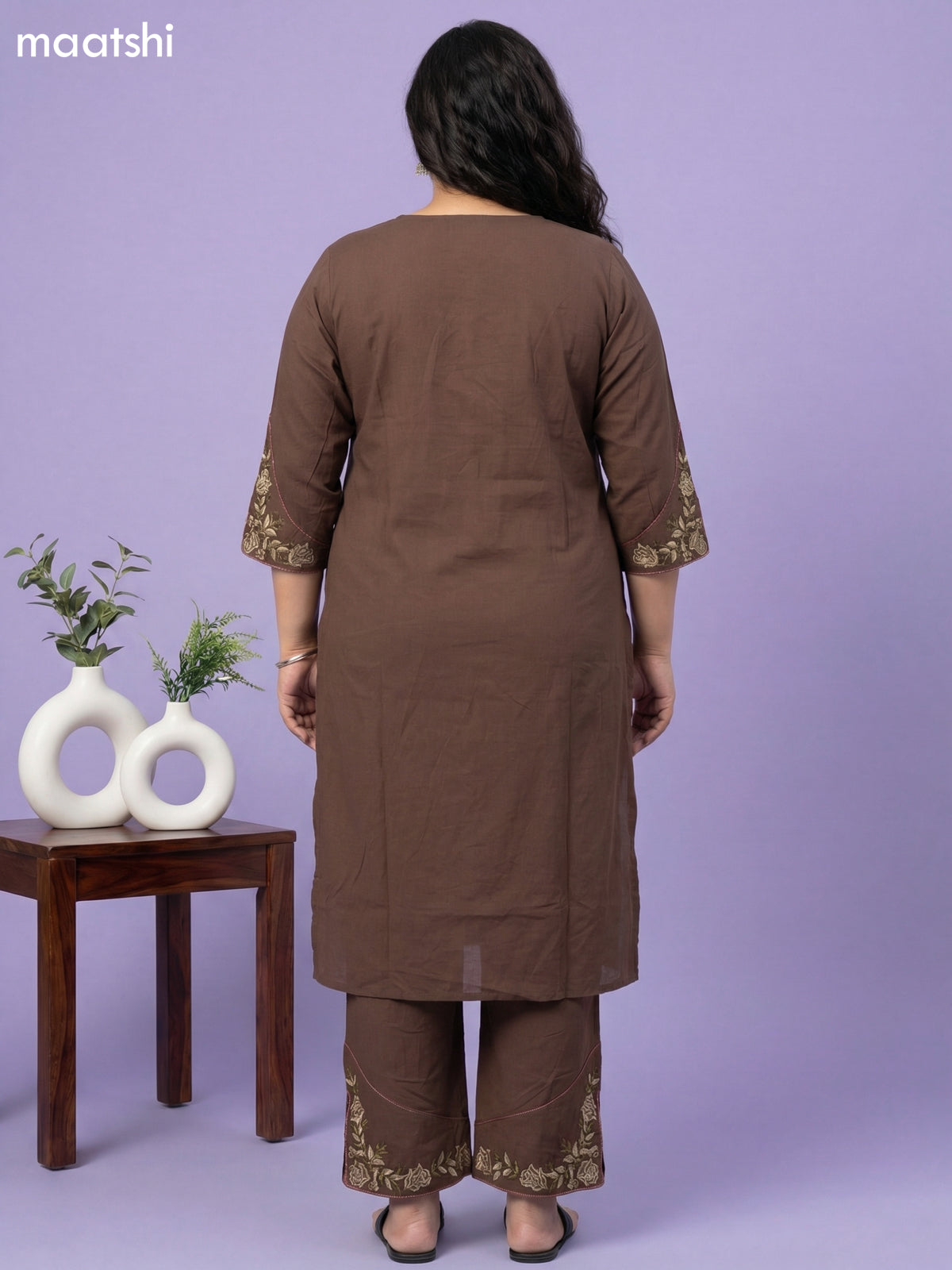 Brown Cotton Embroidery Work Straight Suit