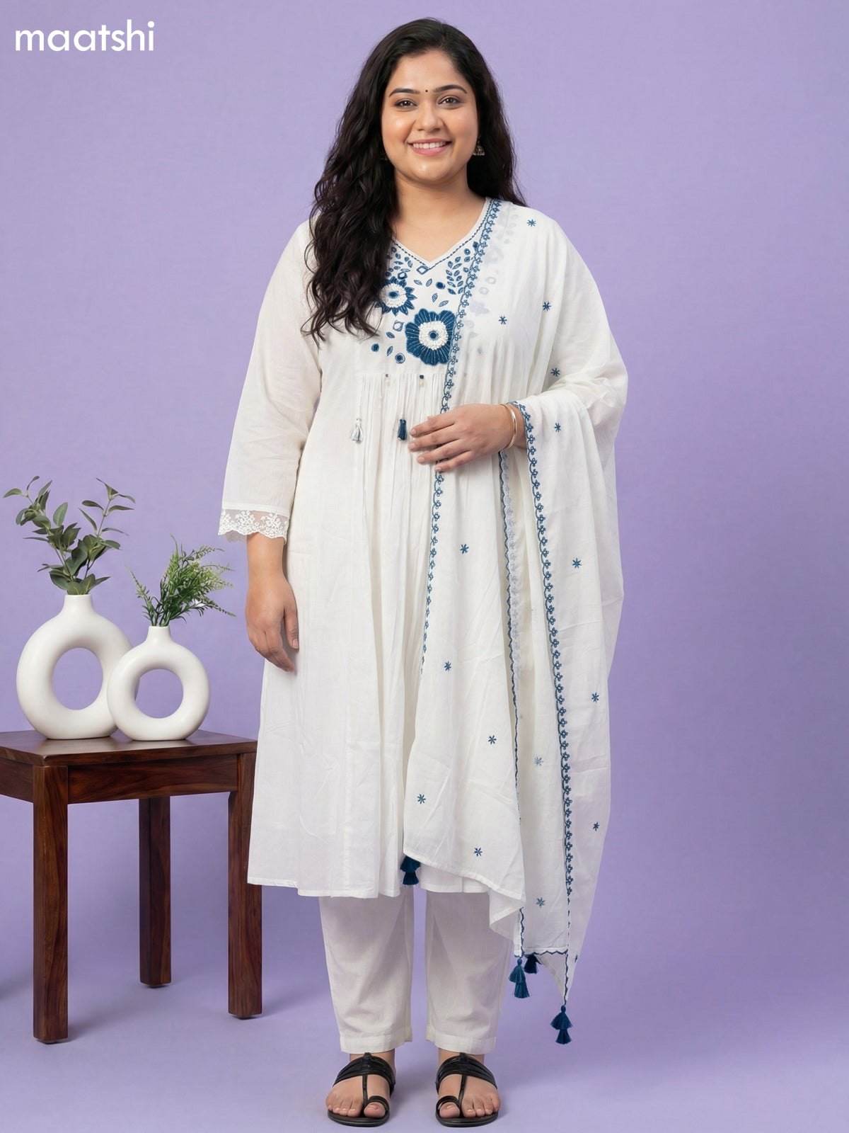 Cream and Peacock Blue Cotton Embroidery Work Anarkali Suit
