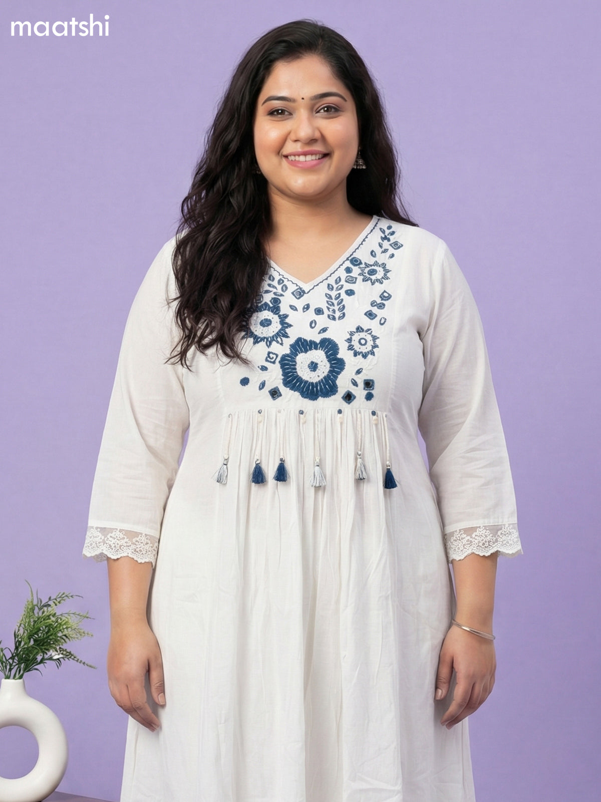 Cream and Peacock Blue Cotton Embroidery Work Anarkali Suit