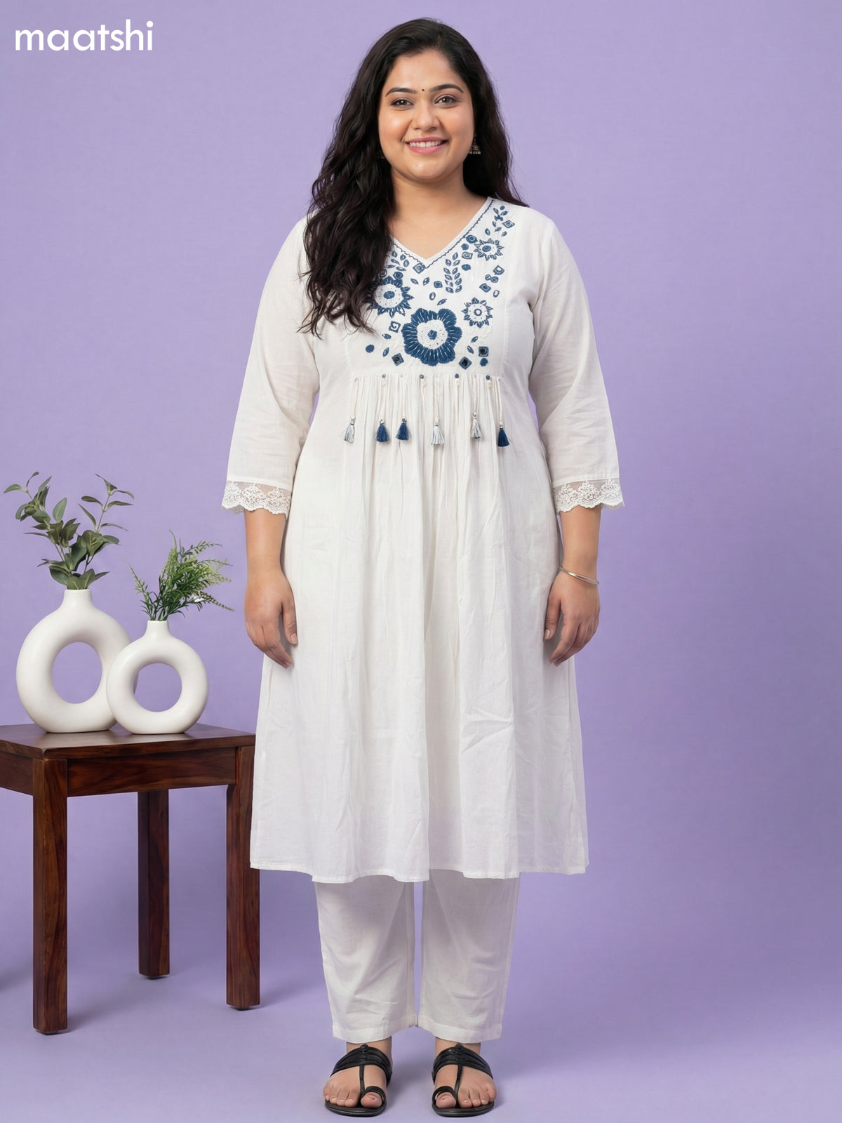 Cream and Peacock Blue Cotton Embroidery Work Anarkali Suit