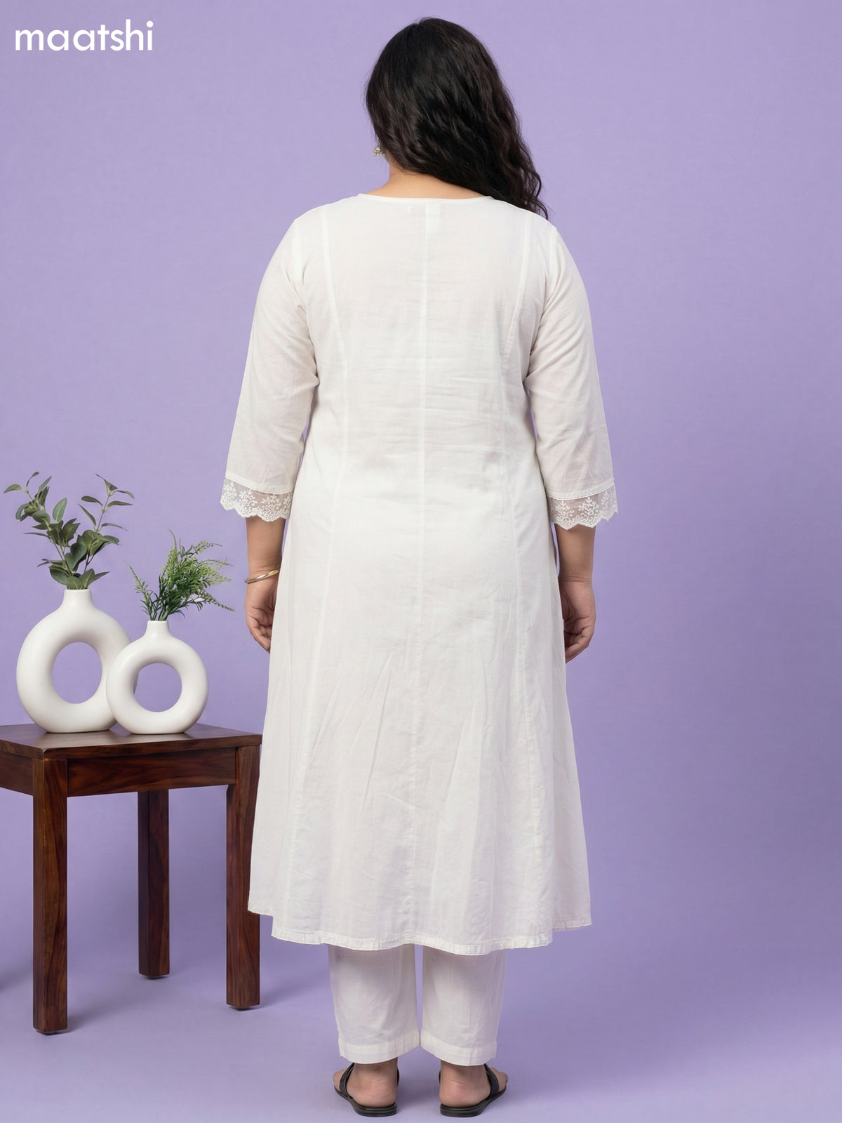 Cream and Peacock Blue Cotton Embroidery Work Anarkali Suit