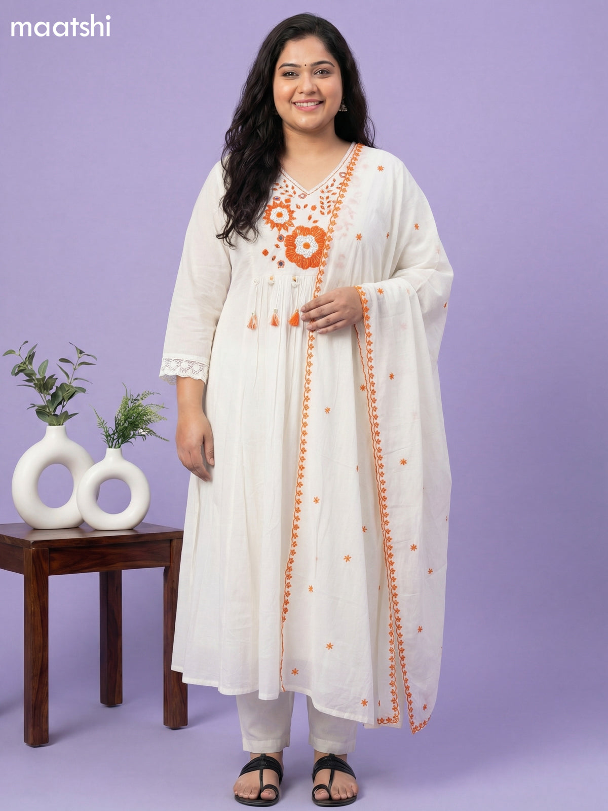 Cream and Orange Cotton Embroidery Work Anarkali Suit