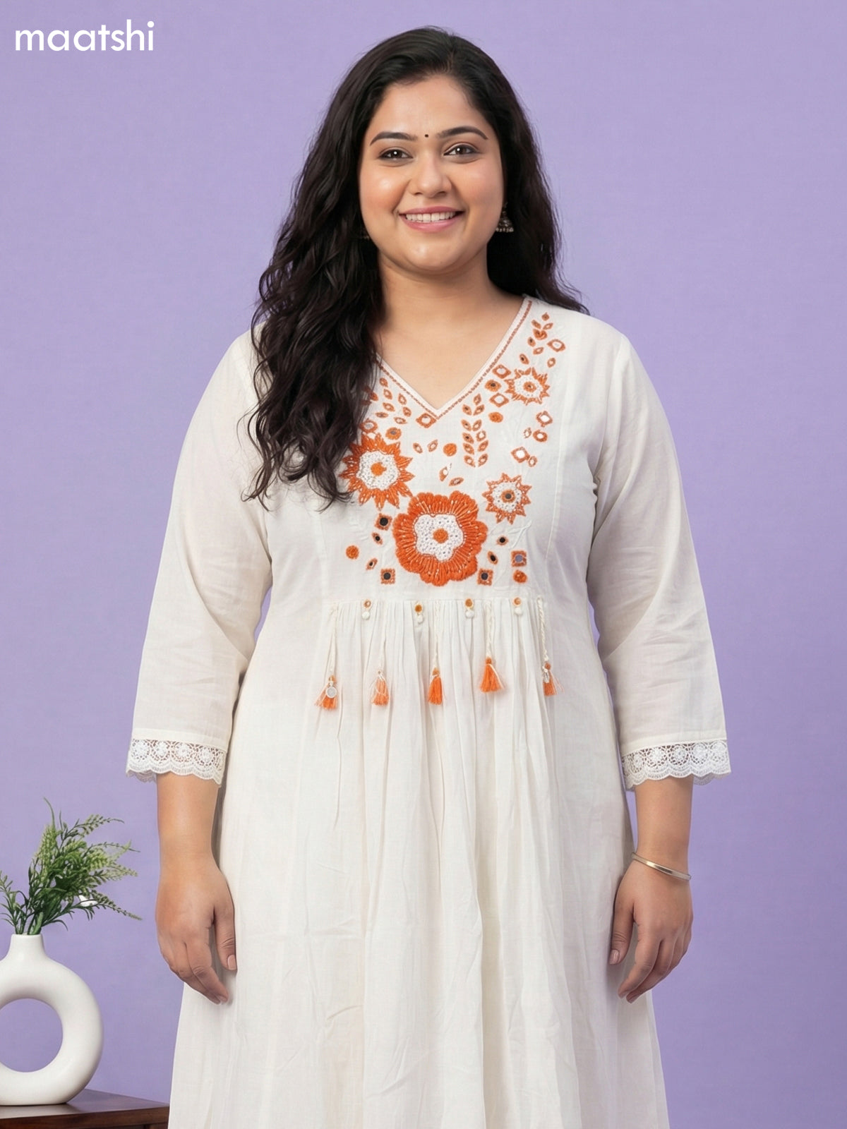 Cream and Orange Cotton Embroidery Work Anarkali Suit