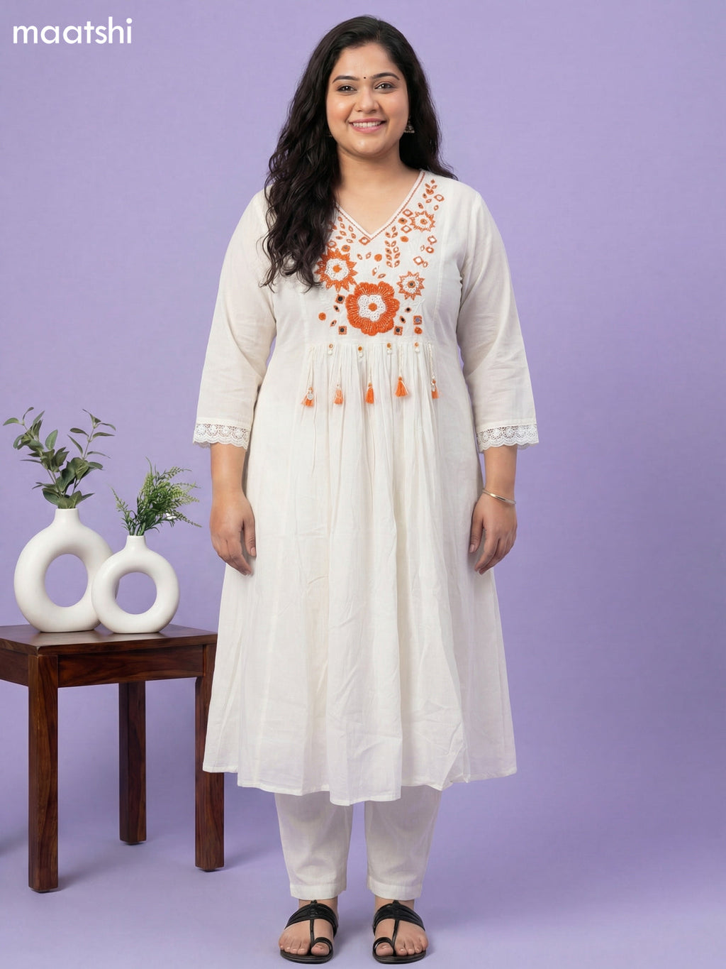 Cream and Orange Cotton Embroidery Work Anarkali Suit