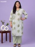 Off White and Pastel Green Cotton Printed & Lace Work Kurti Set