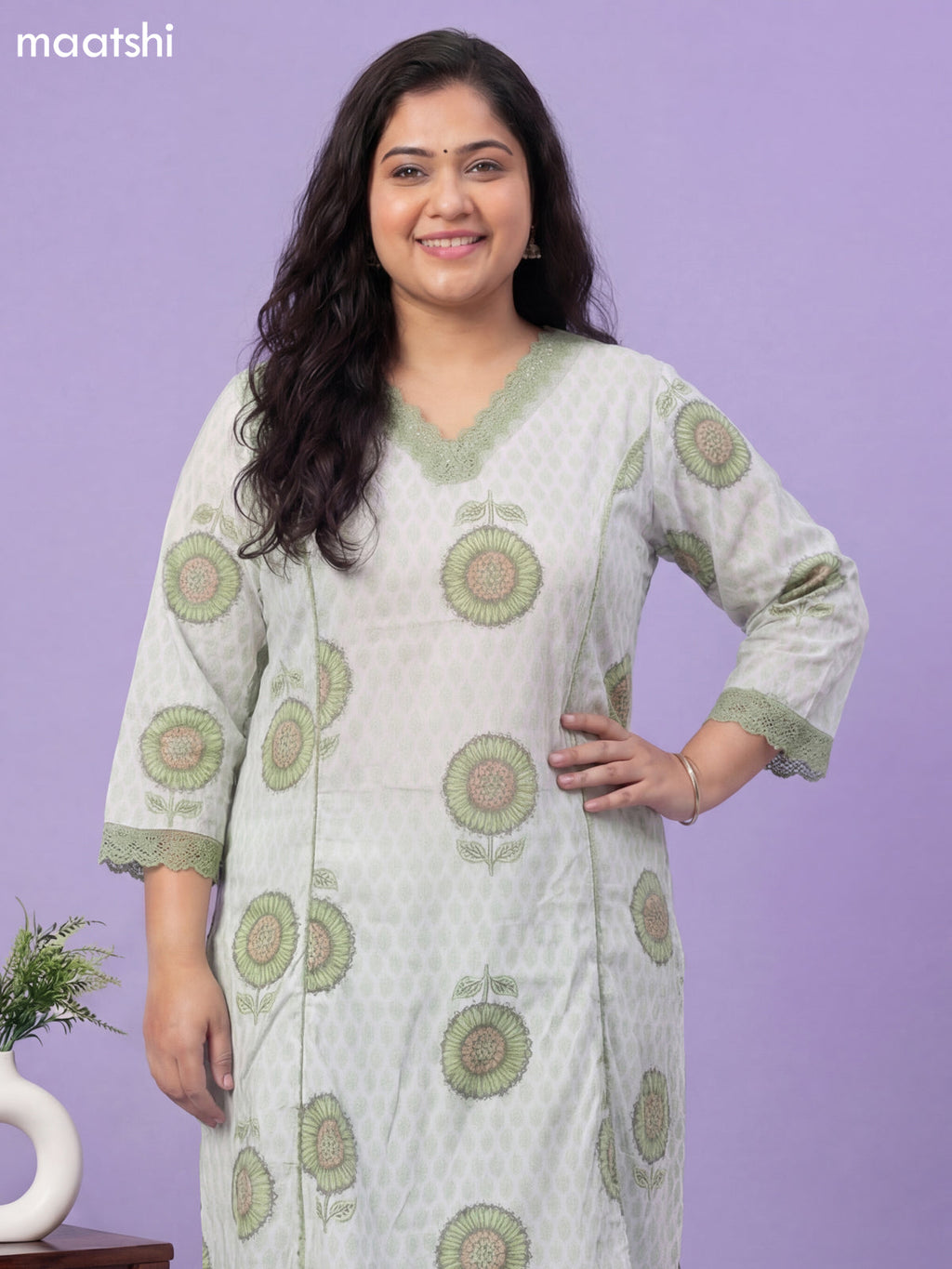 Off White and Pastel Green Cotton Printed & Lace Work Kurti Set