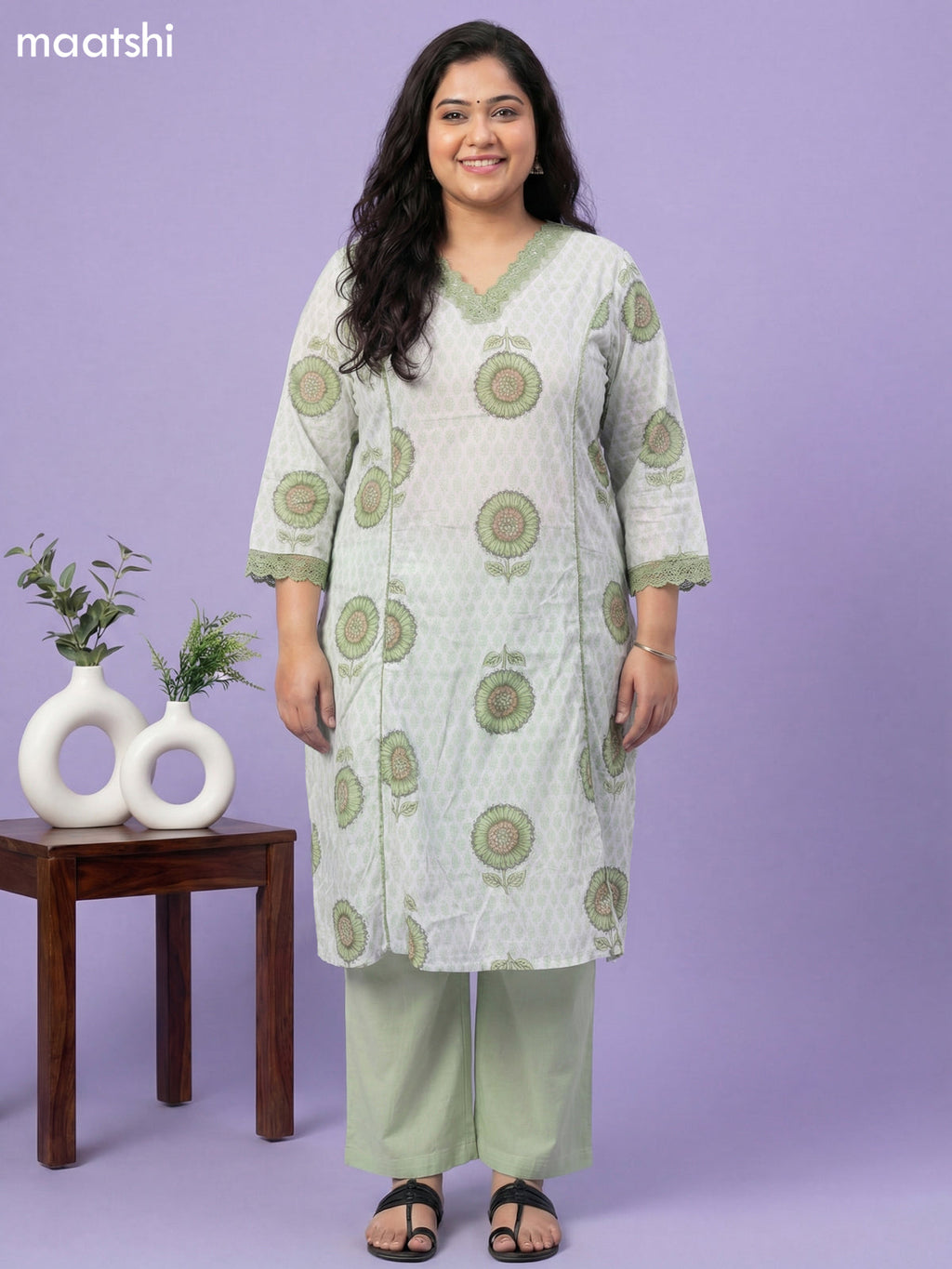 Off White and Pastel Green Cotton Printed & Lace Work Kurti Set