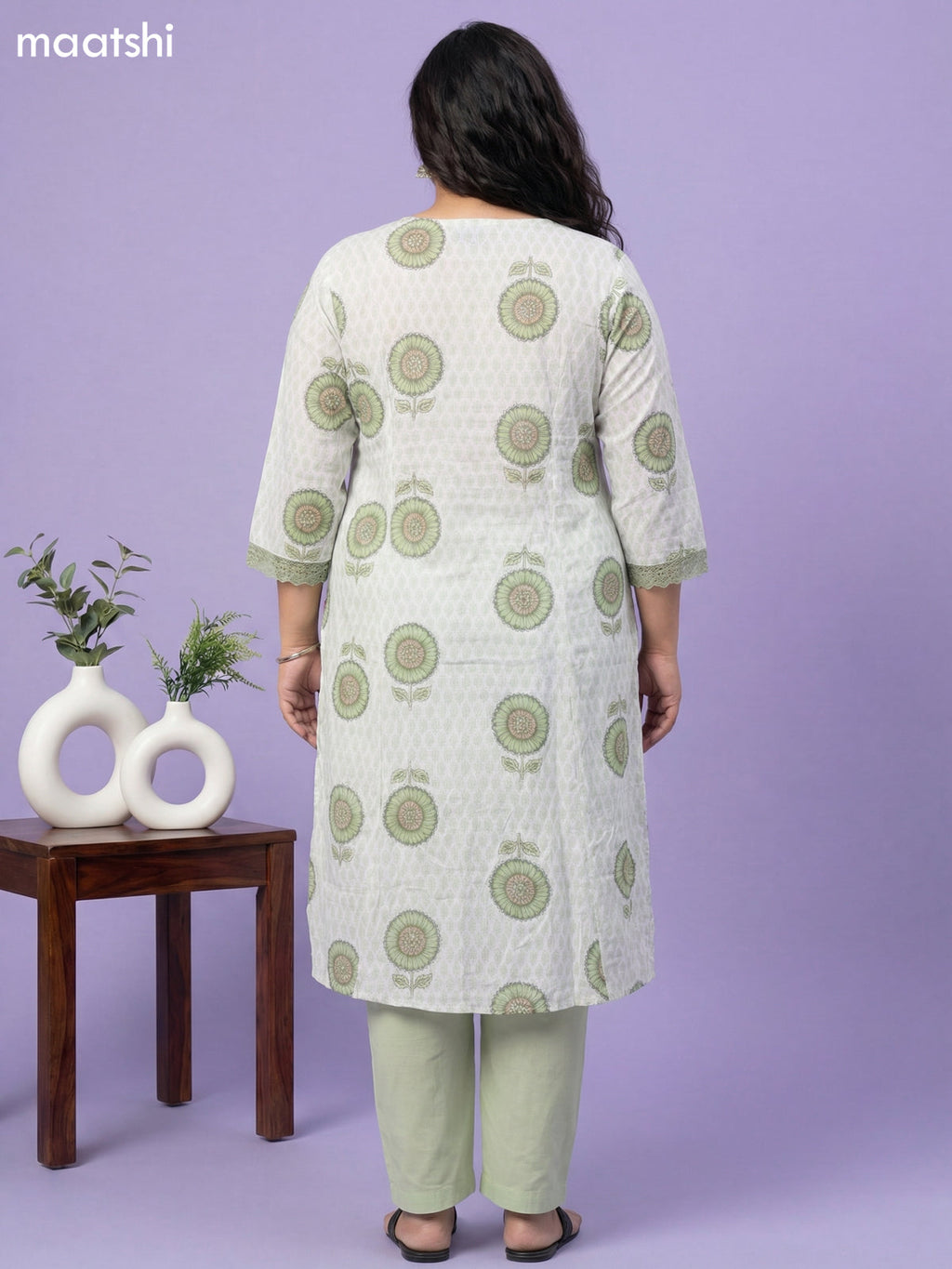 Off White and Pastel Green Cotton Printed & Lace Work Kurti Set