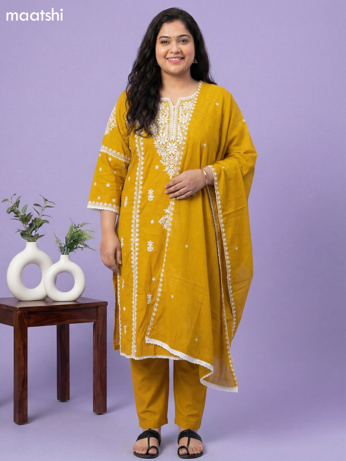 Mustard Yellow Cotton Embroidery Work Straight Suit