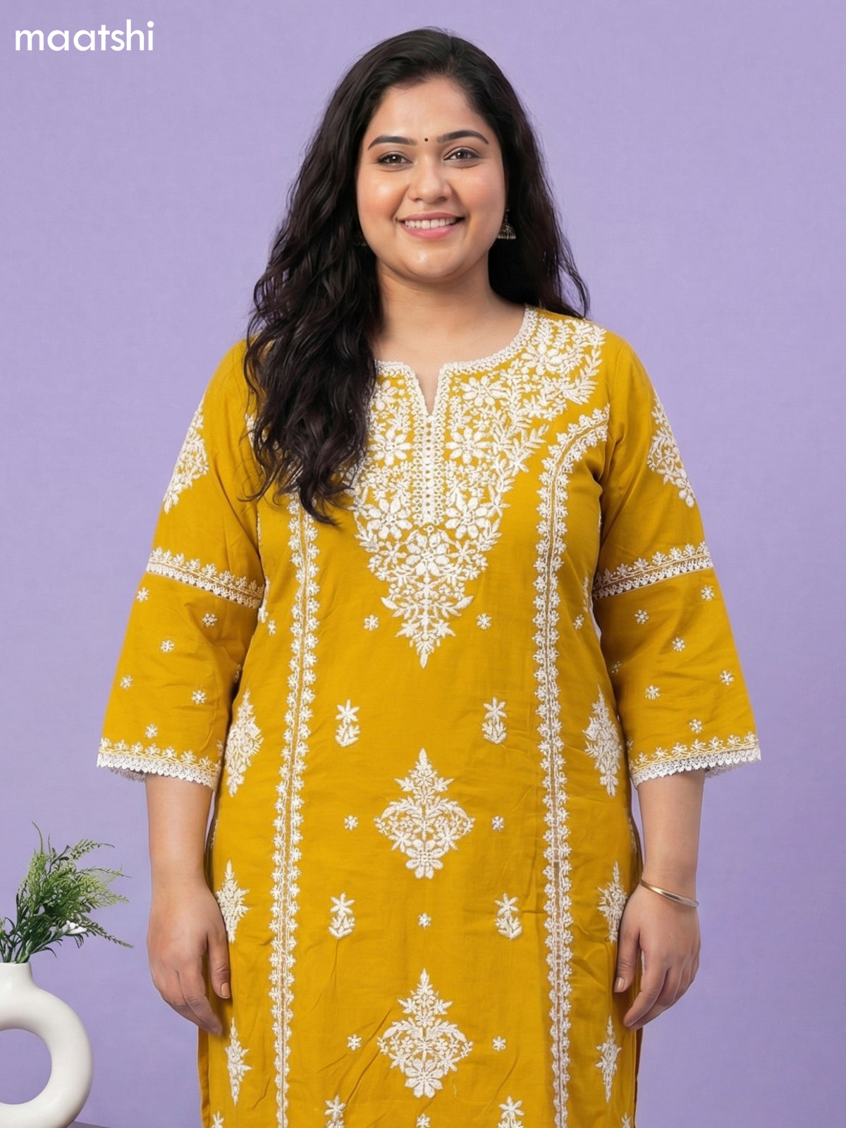 Mustard Yellow Cotton Embroidery Work Straight Suit