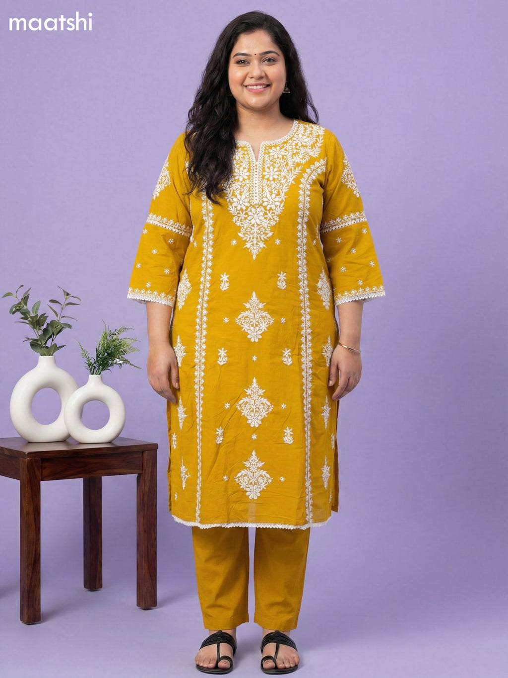 Mustard Yellow Cotton Embroidery Work Straight Suit