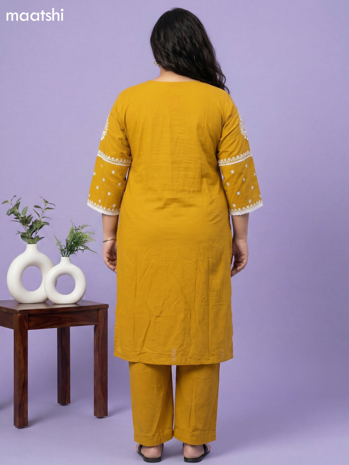 Mustard Yellow Cotton Embroidery Work Straight Suit