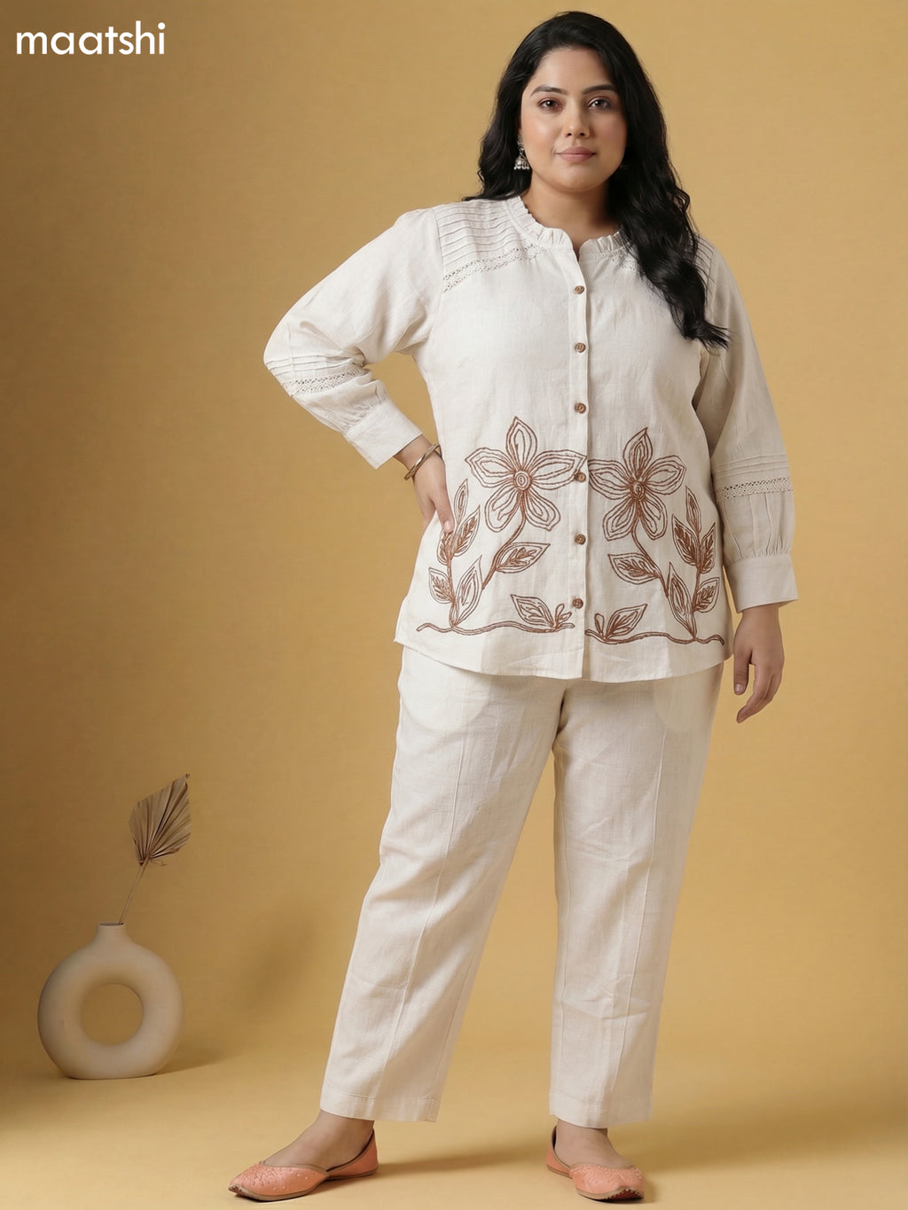 Beige Linen Cotton Printed & Embroidery Work Co-Ord Set