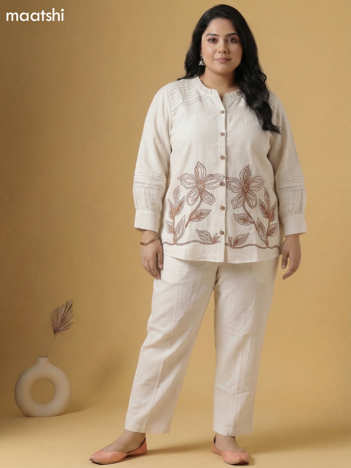 Beige Linen Cotton Printed & Embroidery Work Co-Ord Set