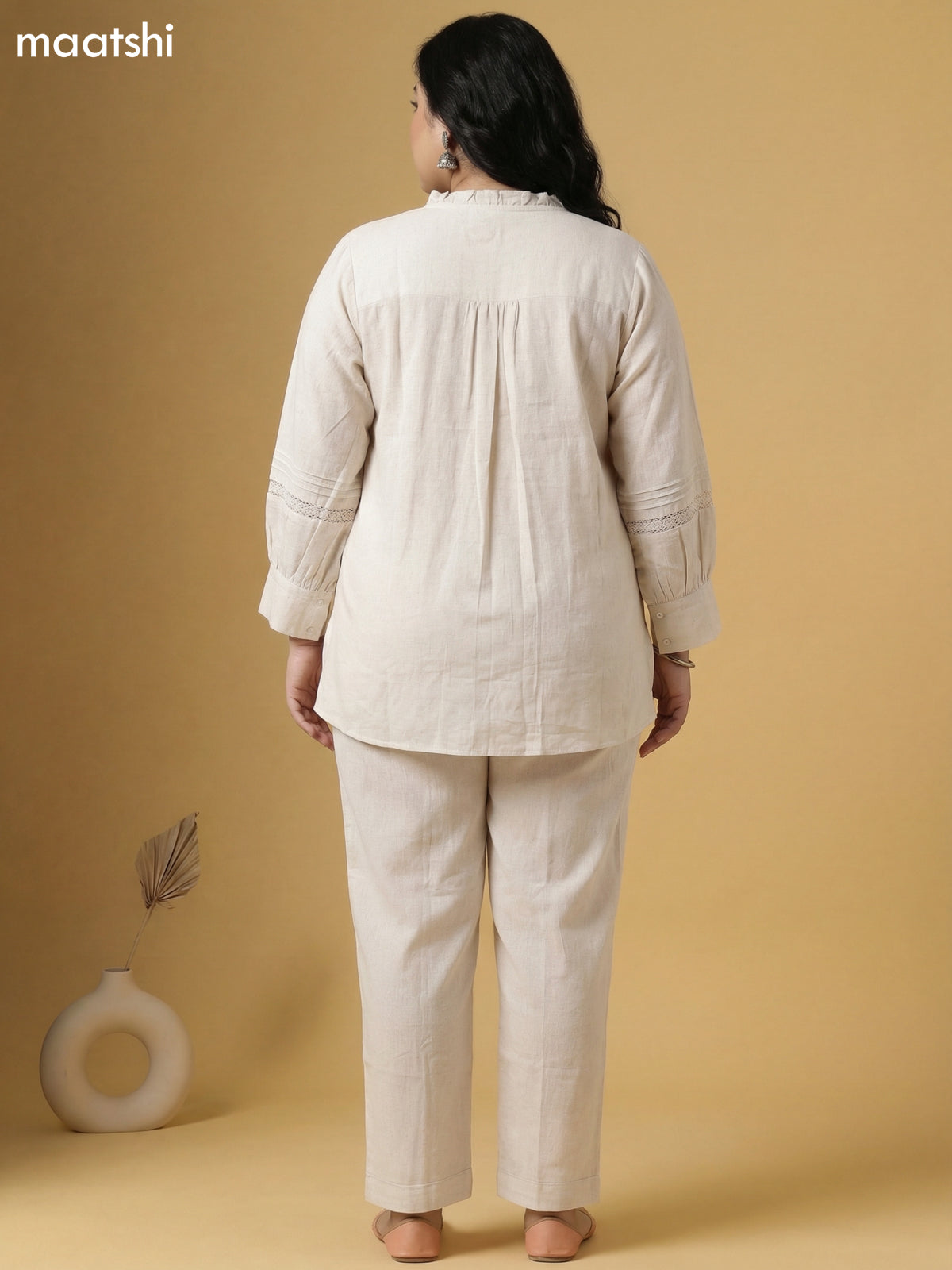 Beige Linen Cotton Printed & Embroidery Work Co-Ord Set