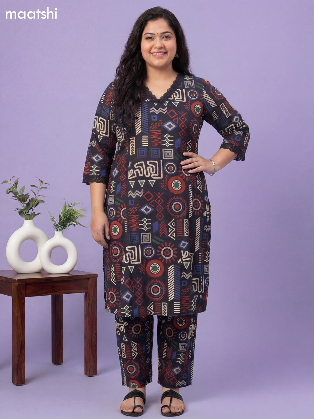 Black Cotton Printed & Lace Work Co-Ord Set