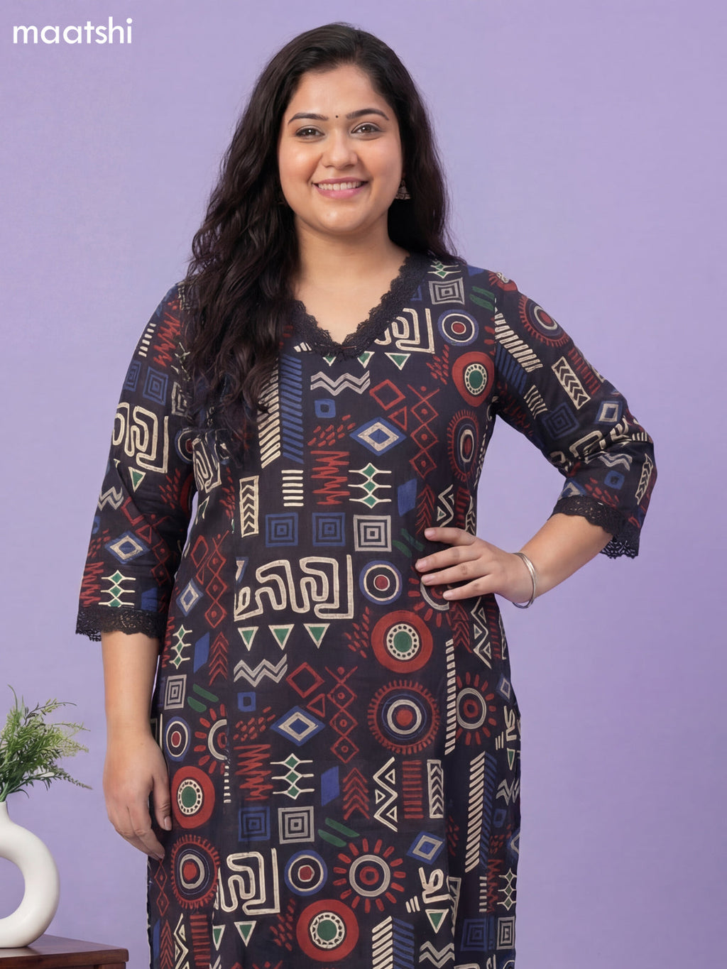 Black Cotton Printed & Lace Work Co-Ord Set