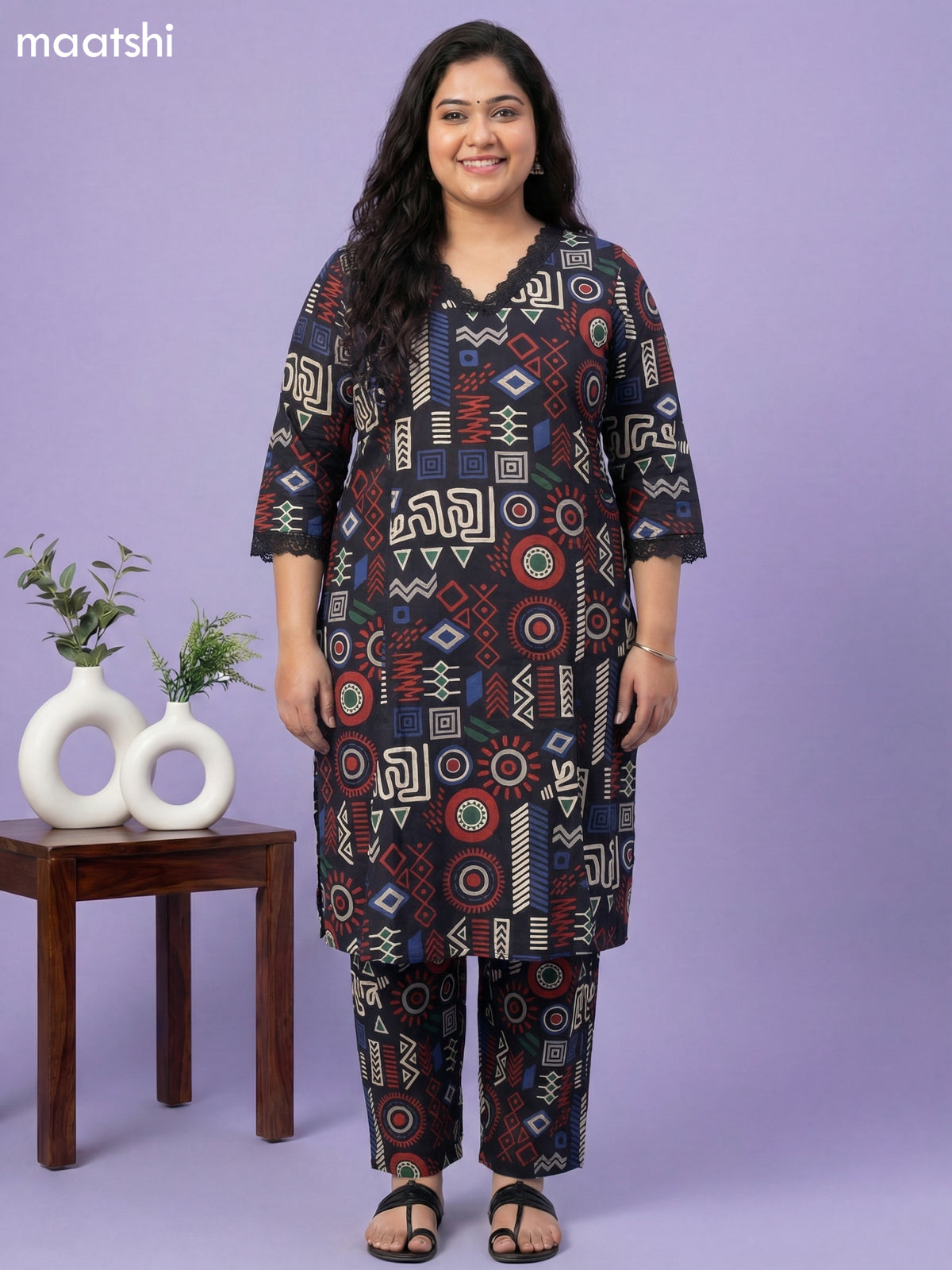 Black Cotton Printed & Lace Work Co-Ord Set