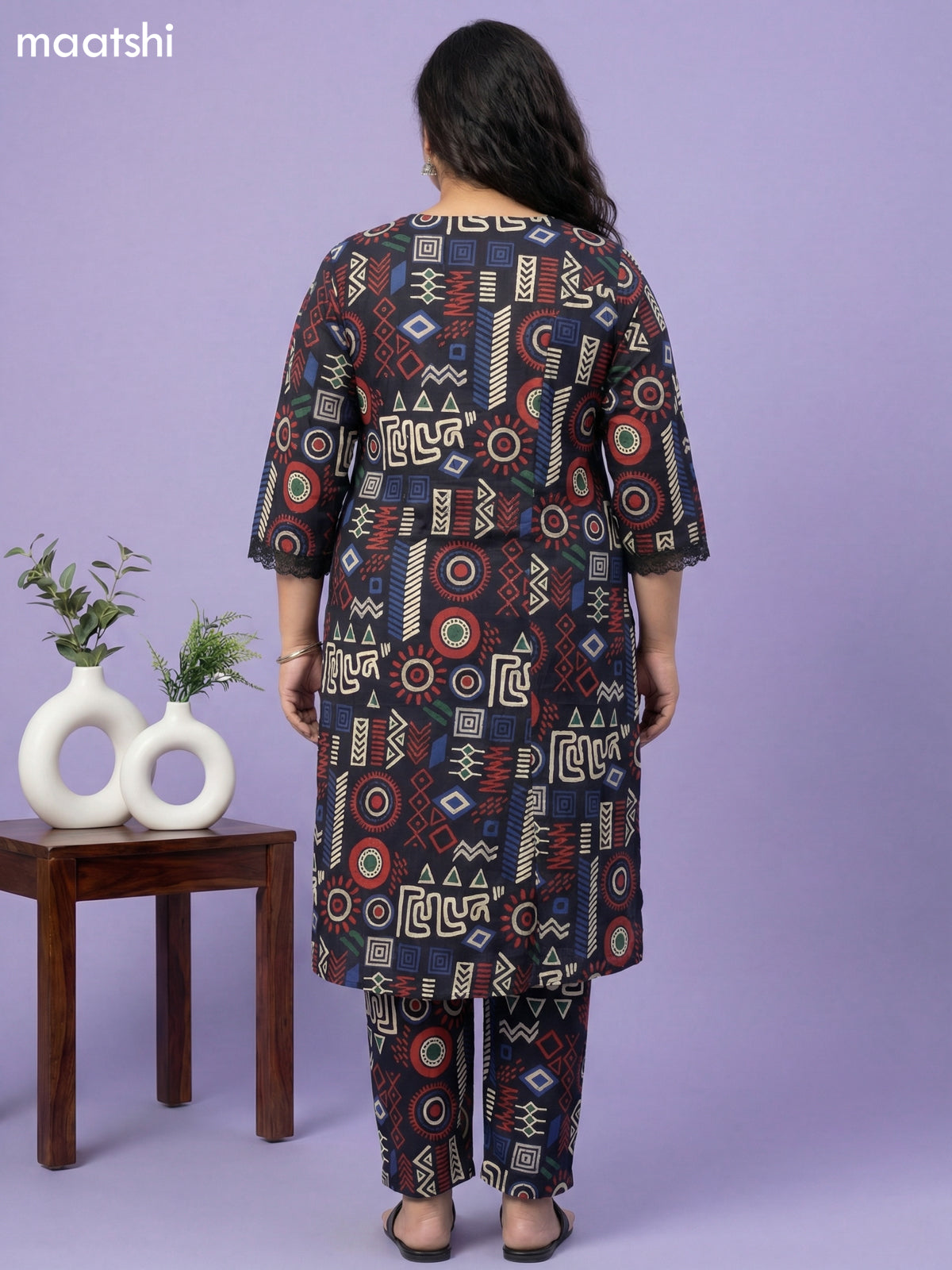 Black Cotton Printed & Lace Work Co-Ord Set